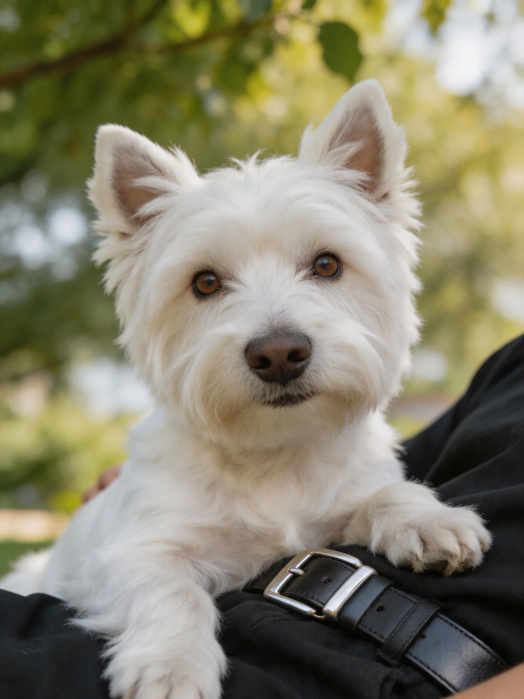 A small white terrier sits calmly on dark clothing in a green, outdoor area.