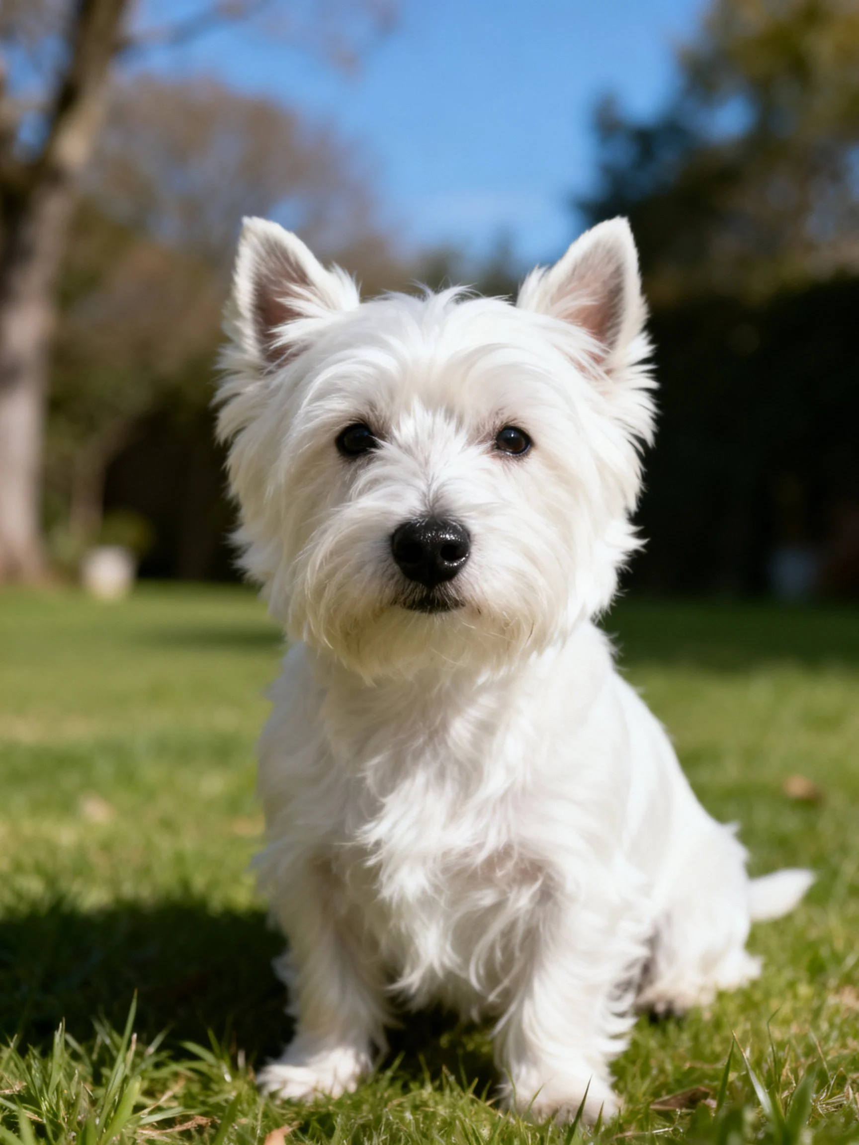 A small white terrier sits calmly on green grass during bright daylight.
