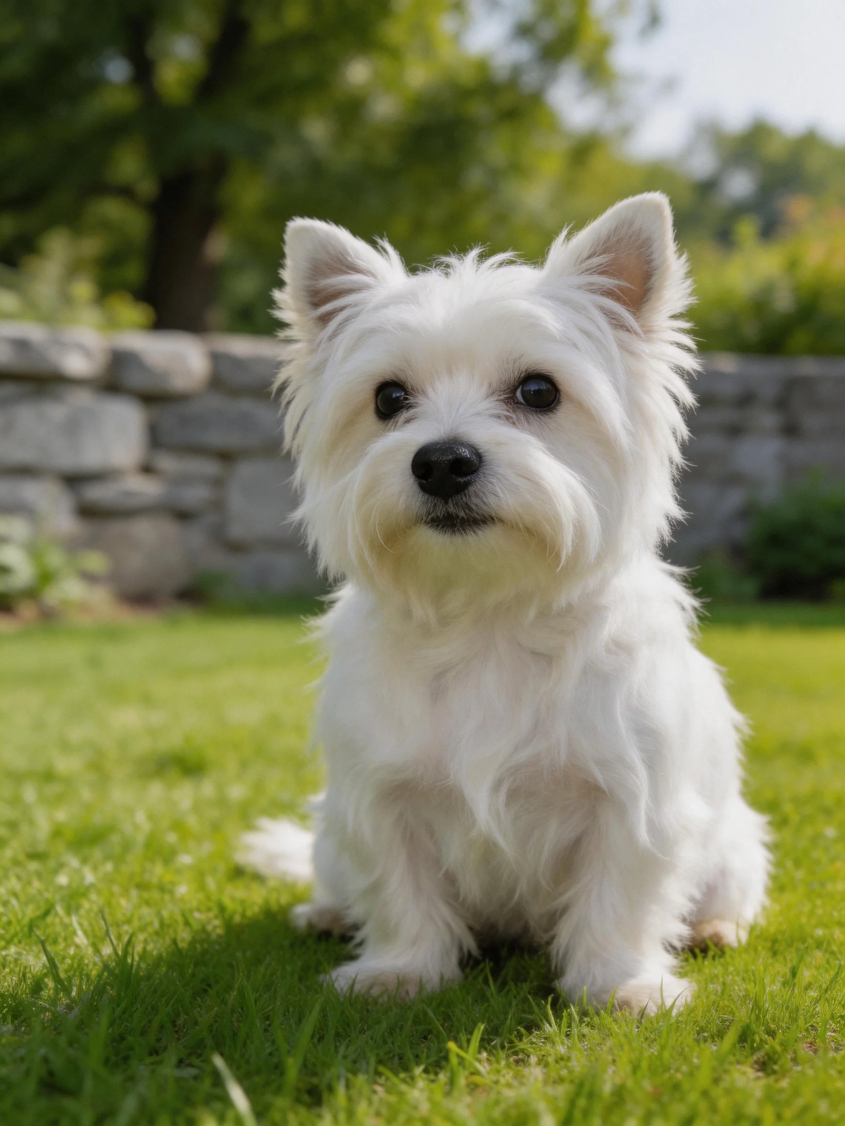 A small white terrier sits calmly on green grass near a stone wall.