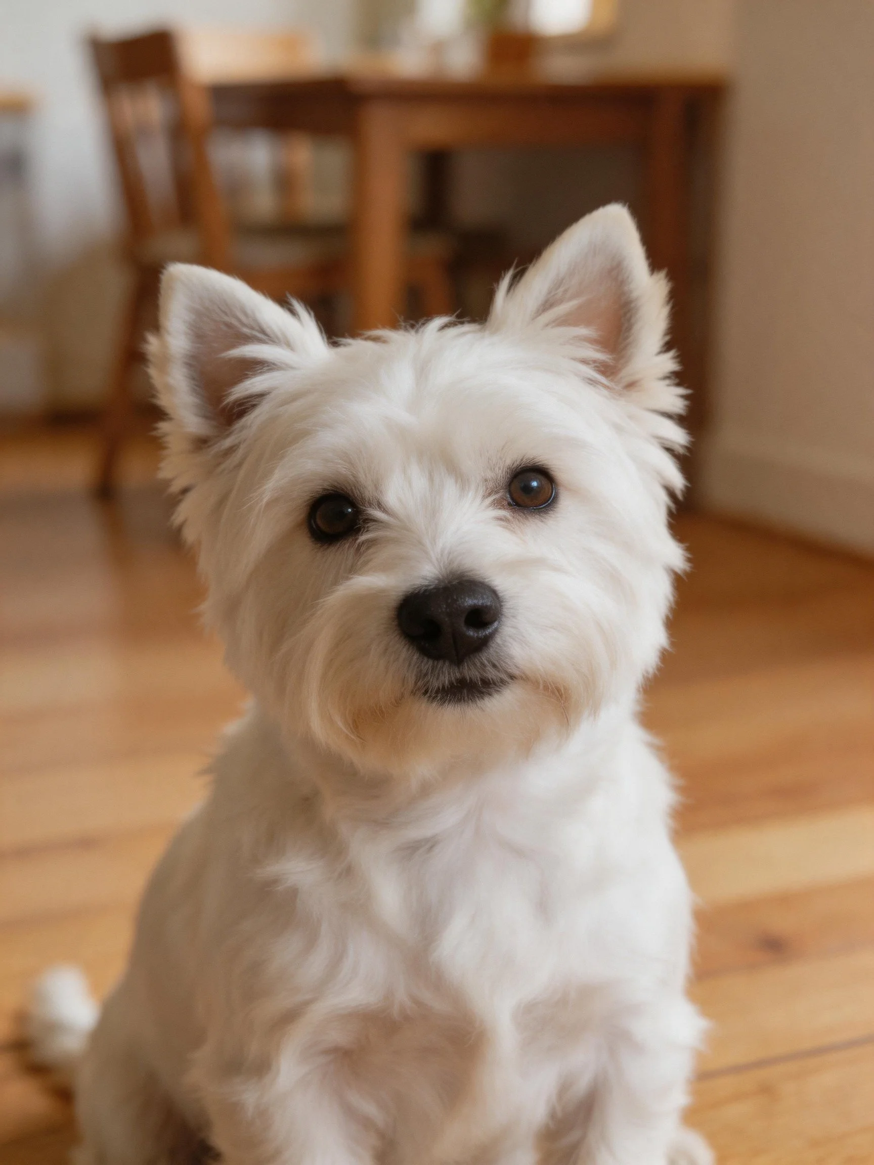 A small white terrier sits on wooden flooring in a cozy room.