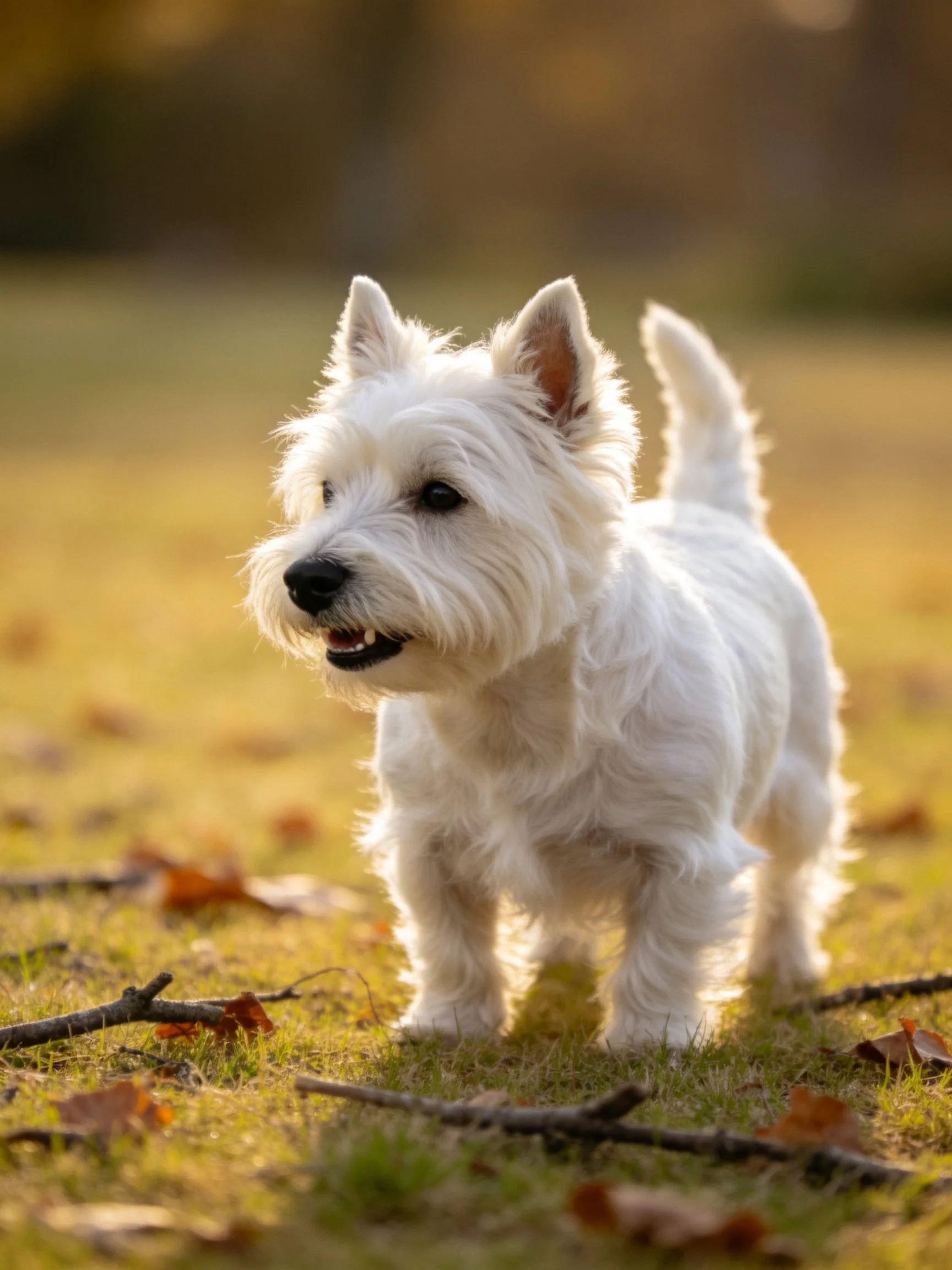 A small white terrier stands on a sunlit grassy field with scattered branches.
