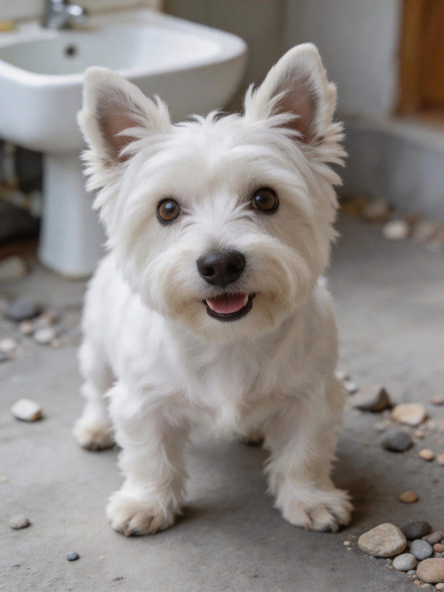 A small white terrier stands cheerfully on a pebbly concrete floor near a white sink