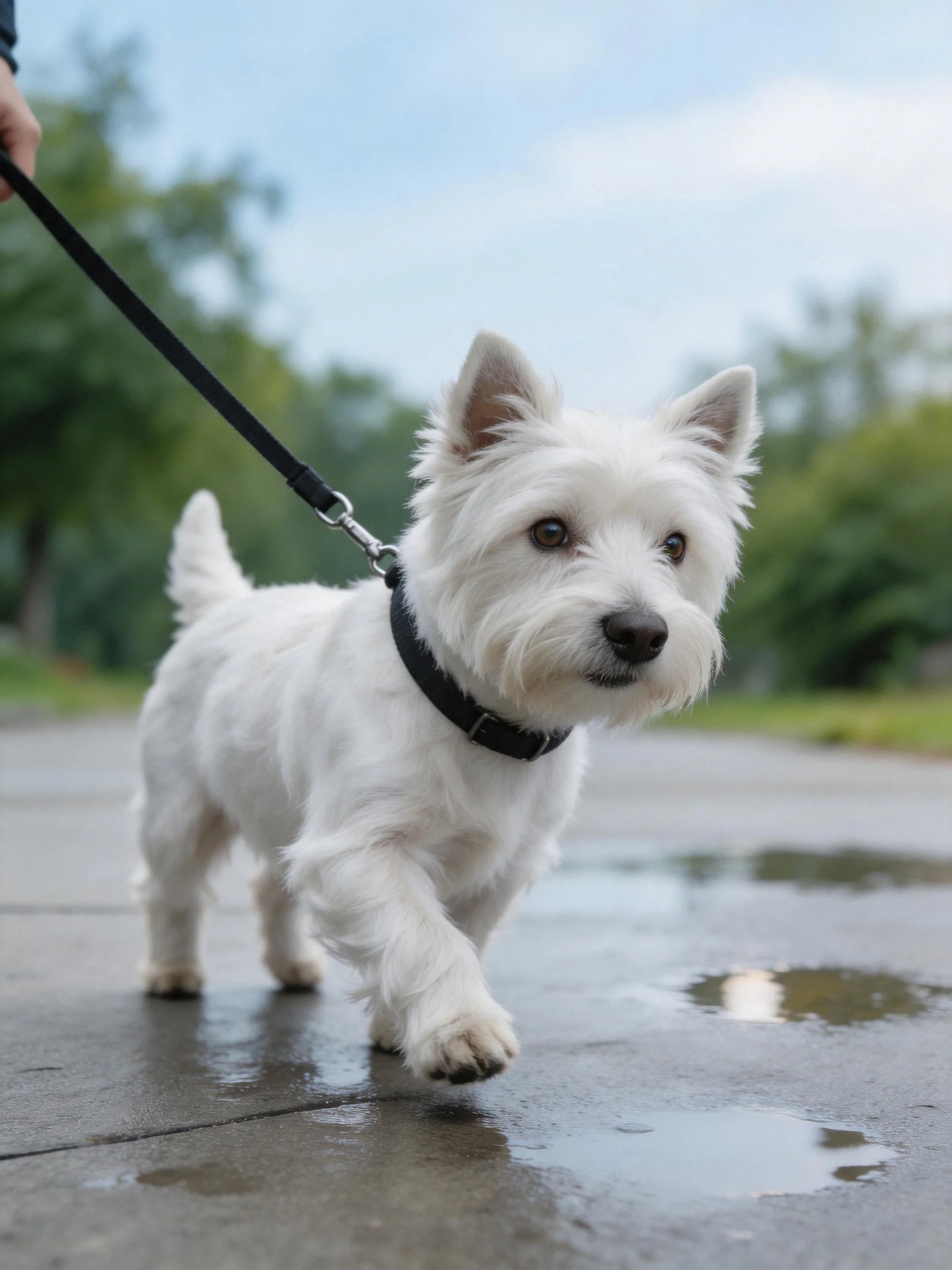 A small white terrier walks on wet pavement with a leash