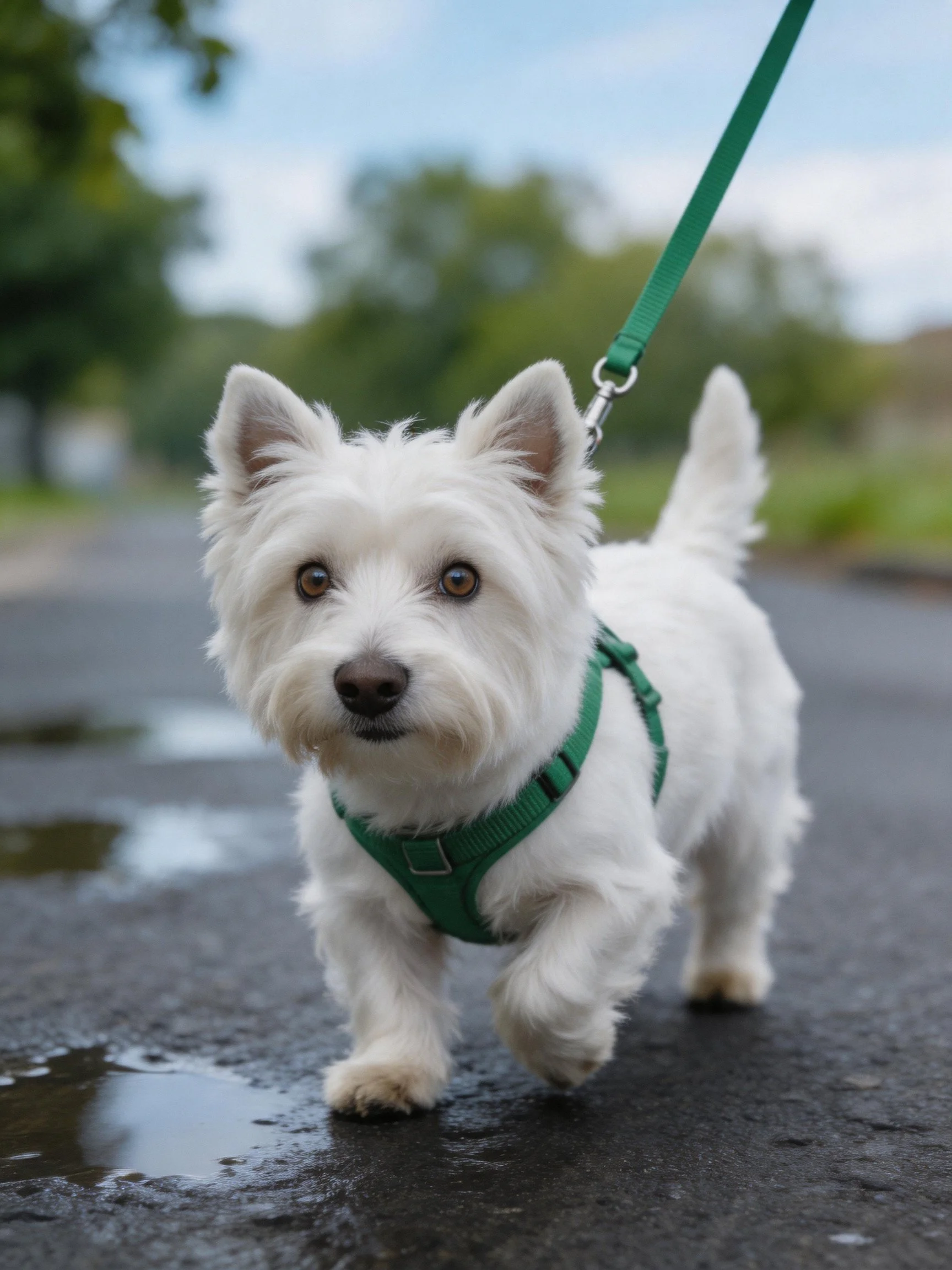 A small white terrier walks on a wet road with a green harness.
