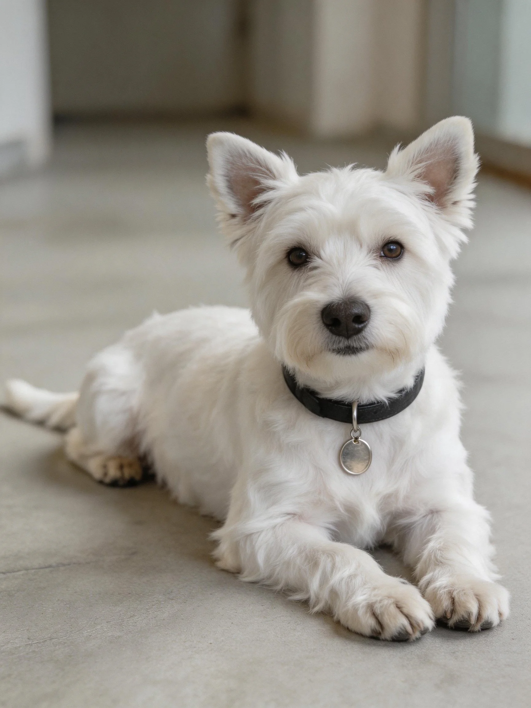 A small white terrier rests calmly on a smooth indoor floor.