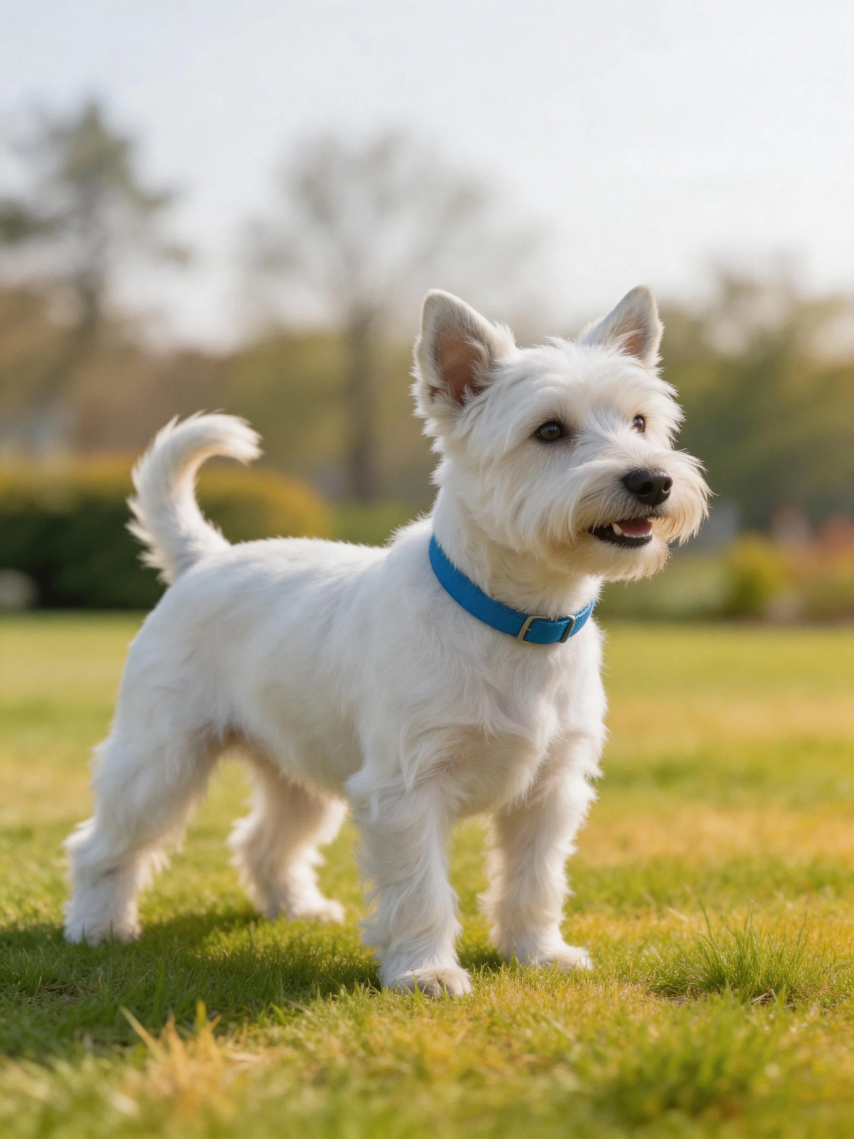 A small white terrier with a blue collar stands alertly on a grassy field.