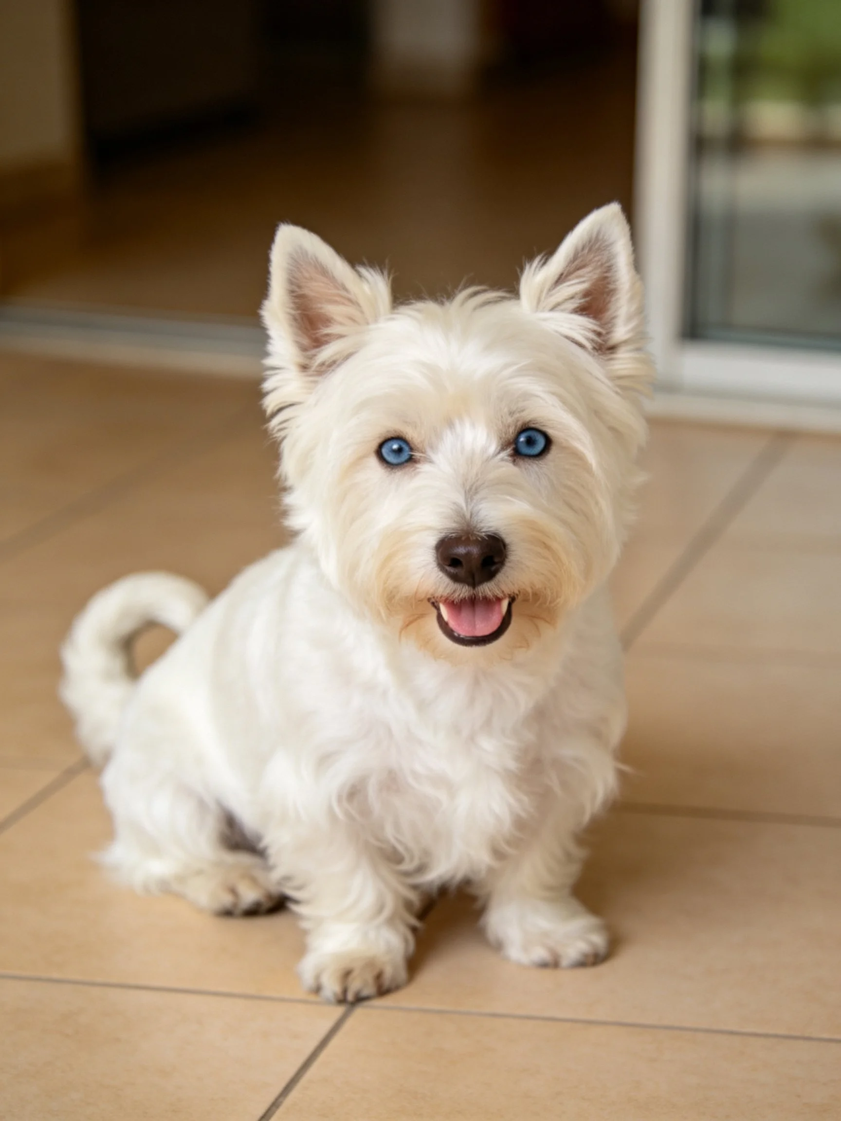 A small white terrier with bright blue eyes sits happily indoors.