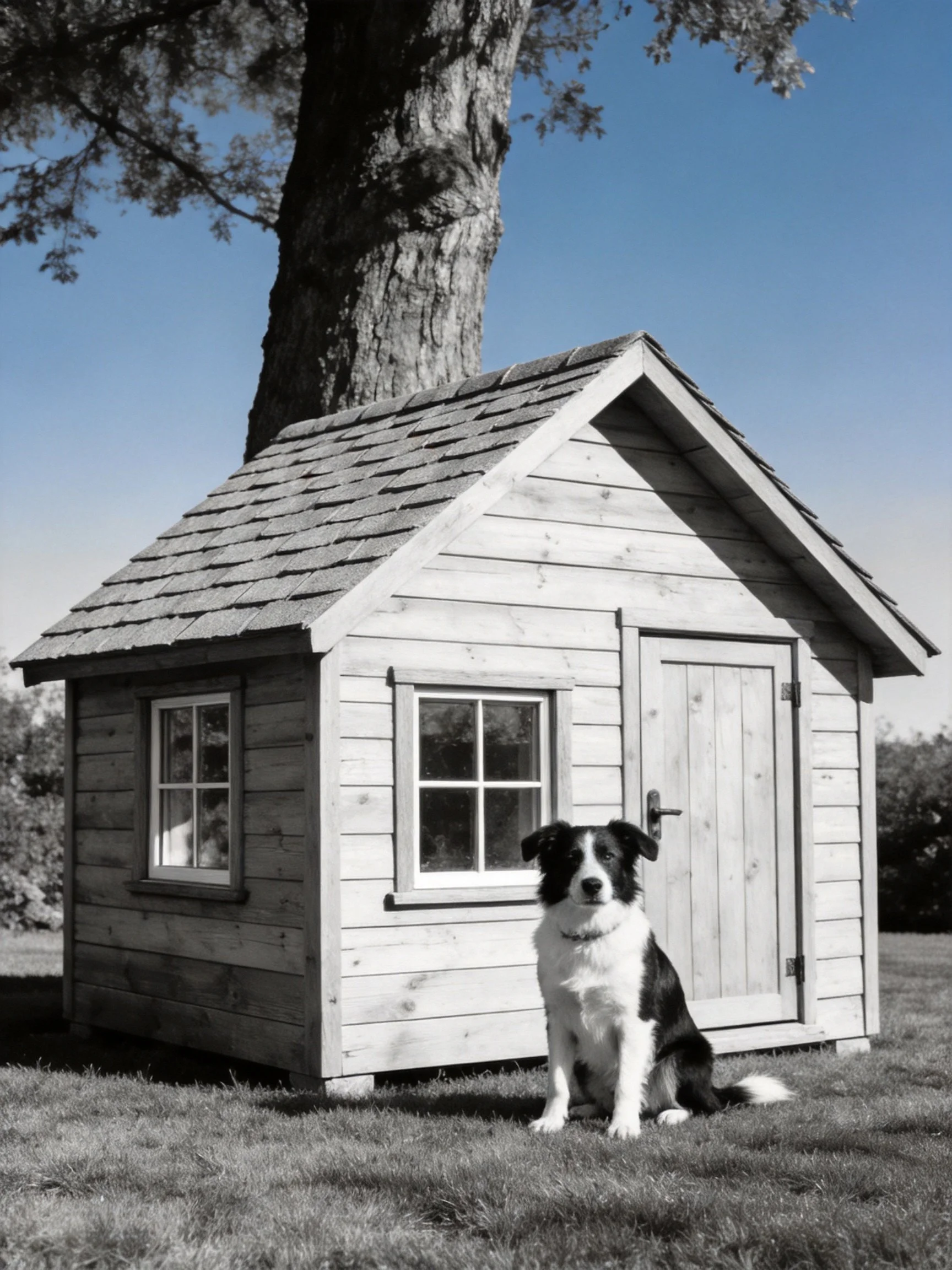 A small wooden shed beside a large tree with a black and white dog