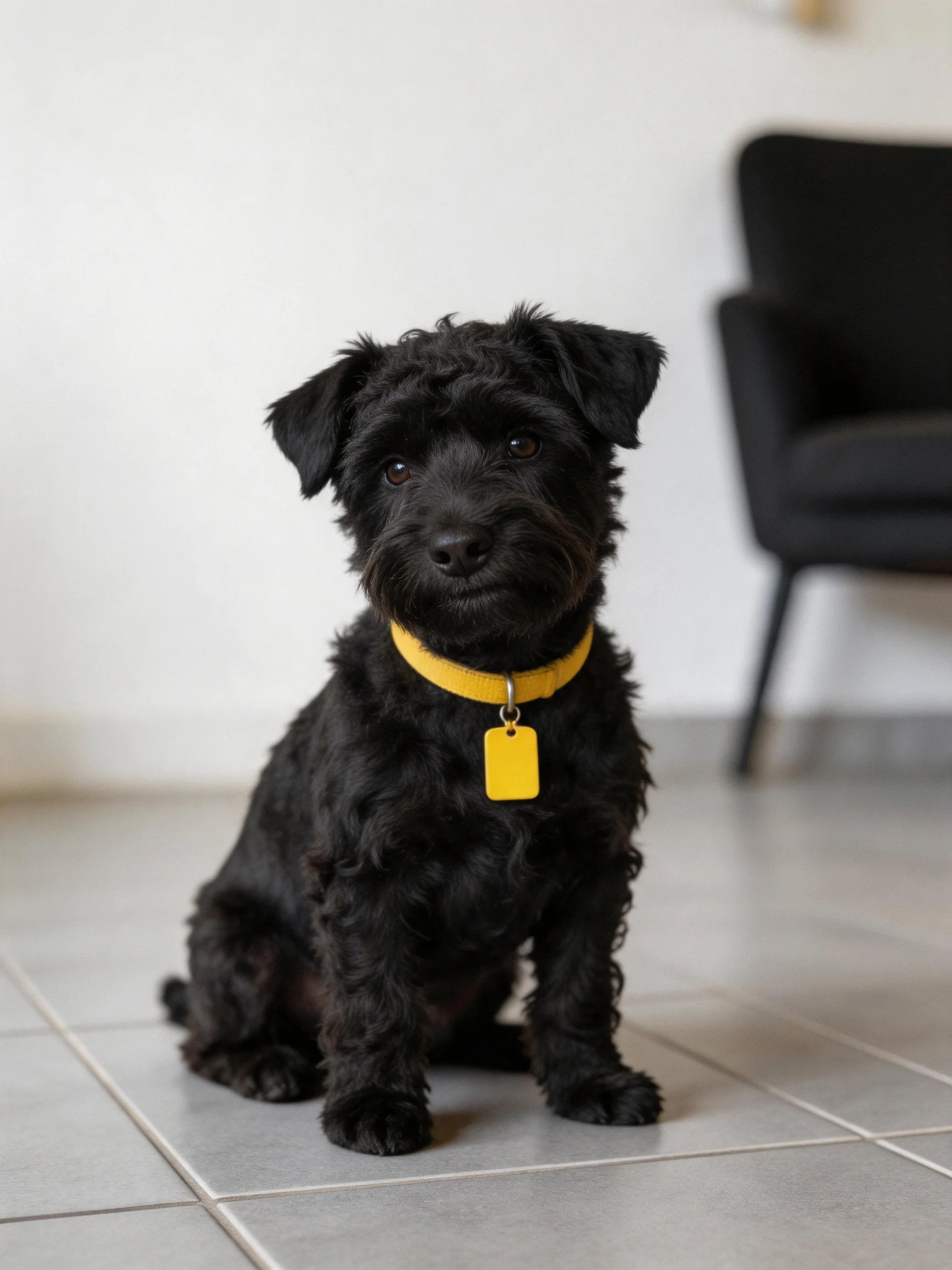 A small black curly - haired dog with a yellow collar sits indoors near furniture