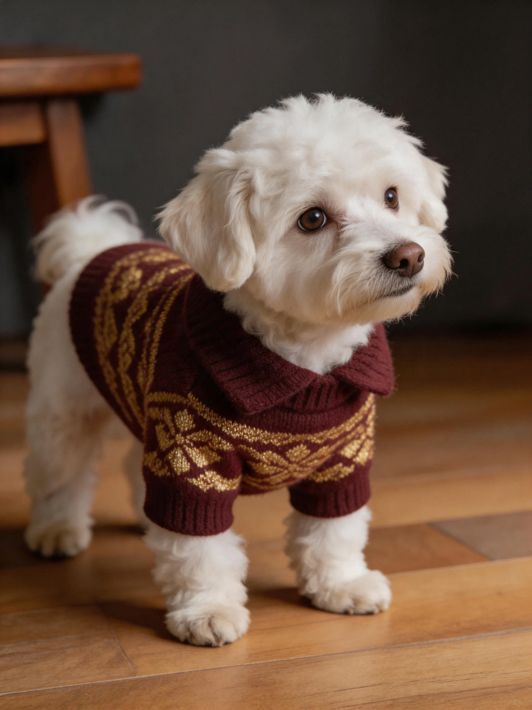 A small white dog stands on wood flooring wearing a burgundy sweater with gold designs.