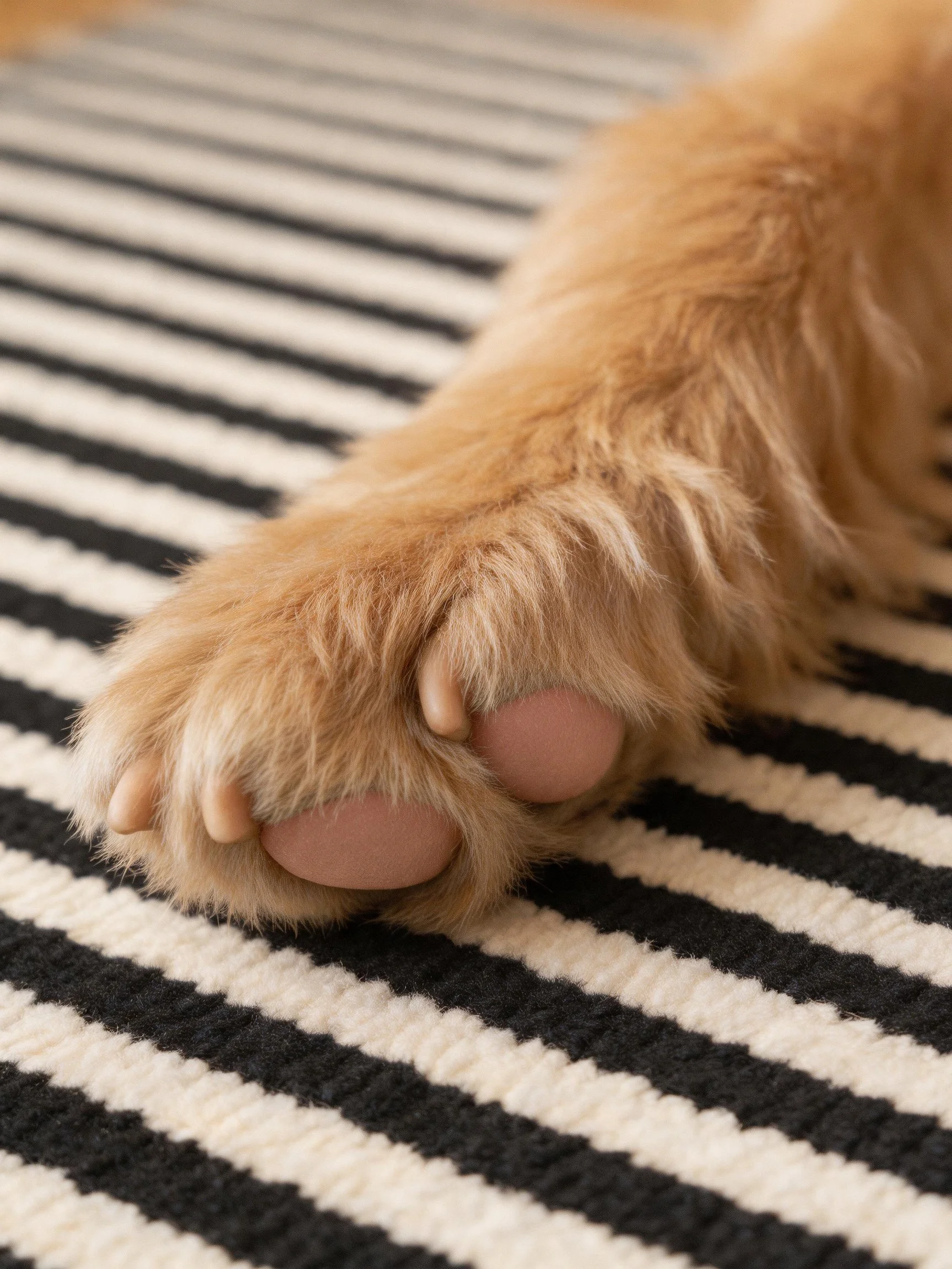 A soft tan furry paw rests on a black and white striped rug