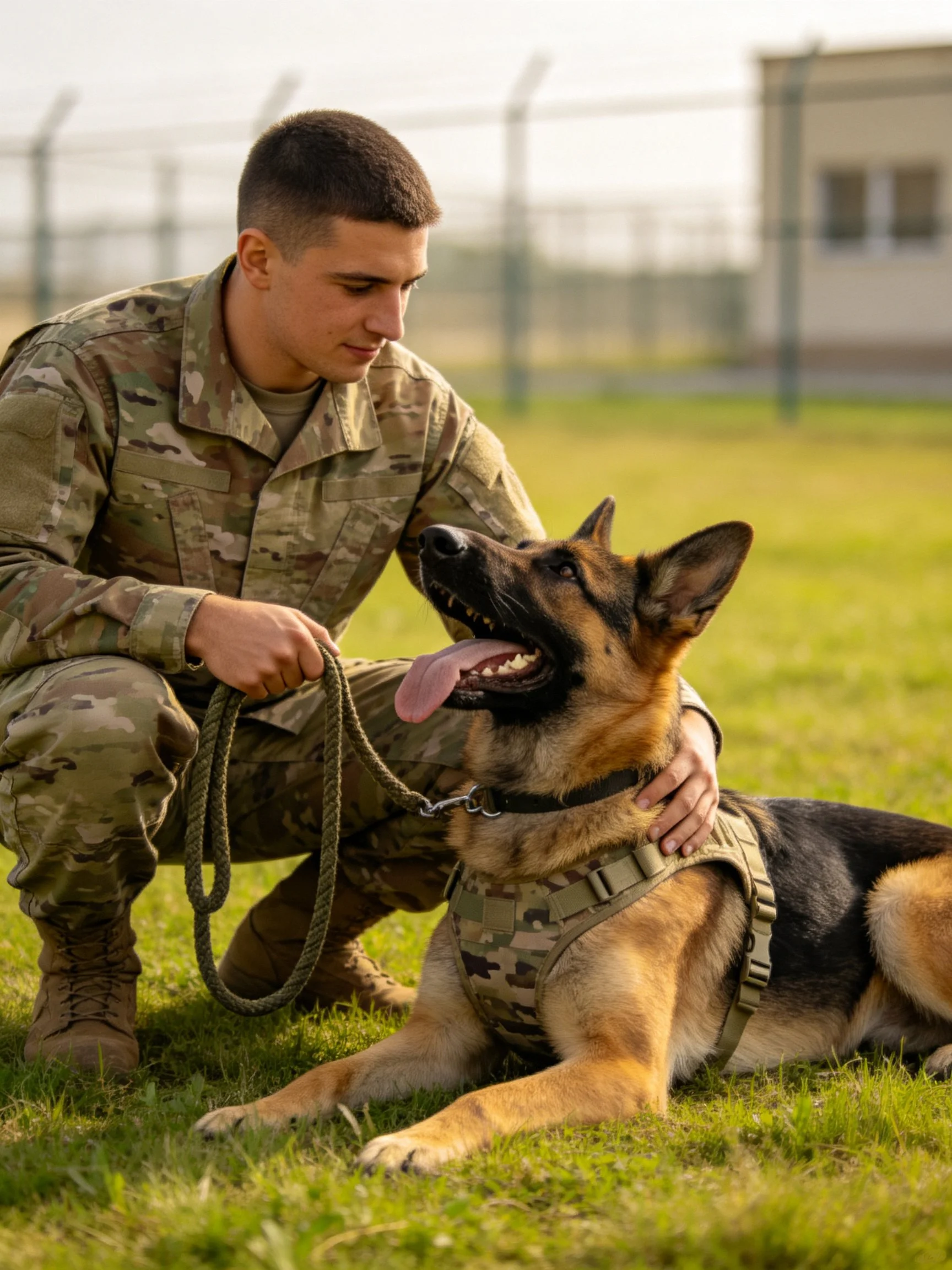 A soldier in camouflage with a German Shepherd on grass