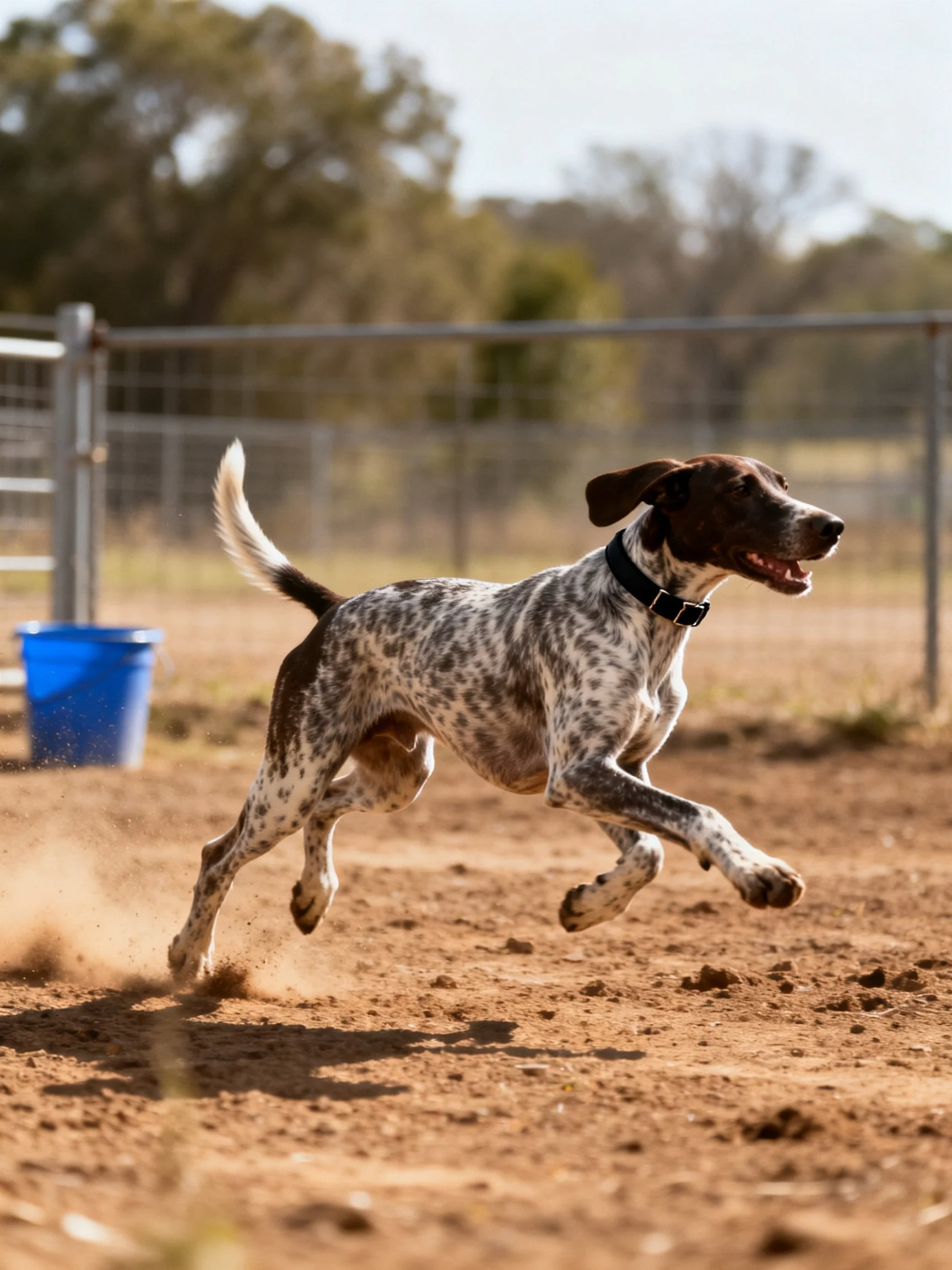 A speckled dog runs energetically across dusty terrain