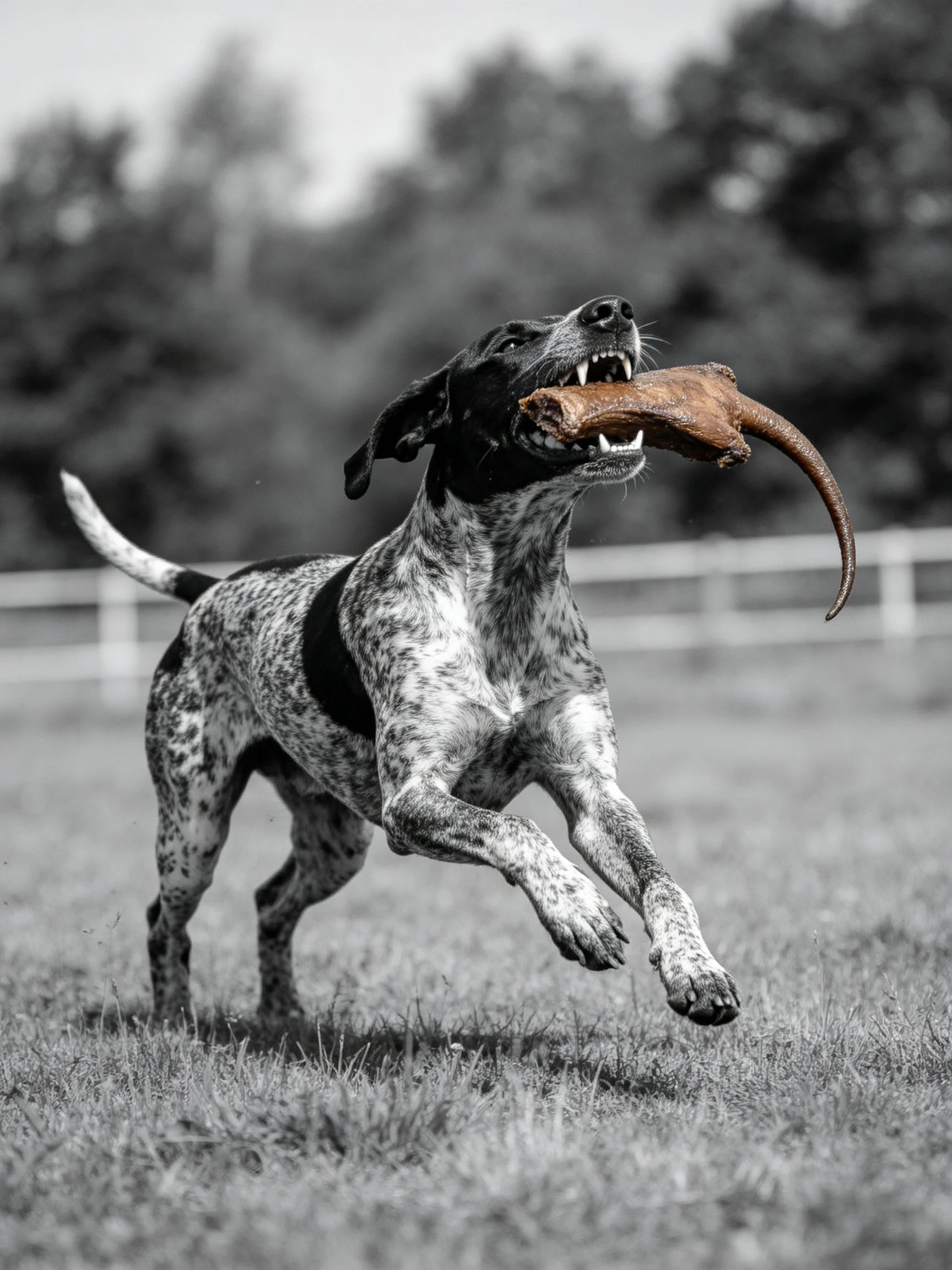 A speckled-coated dog carries a large brown object in an open field.