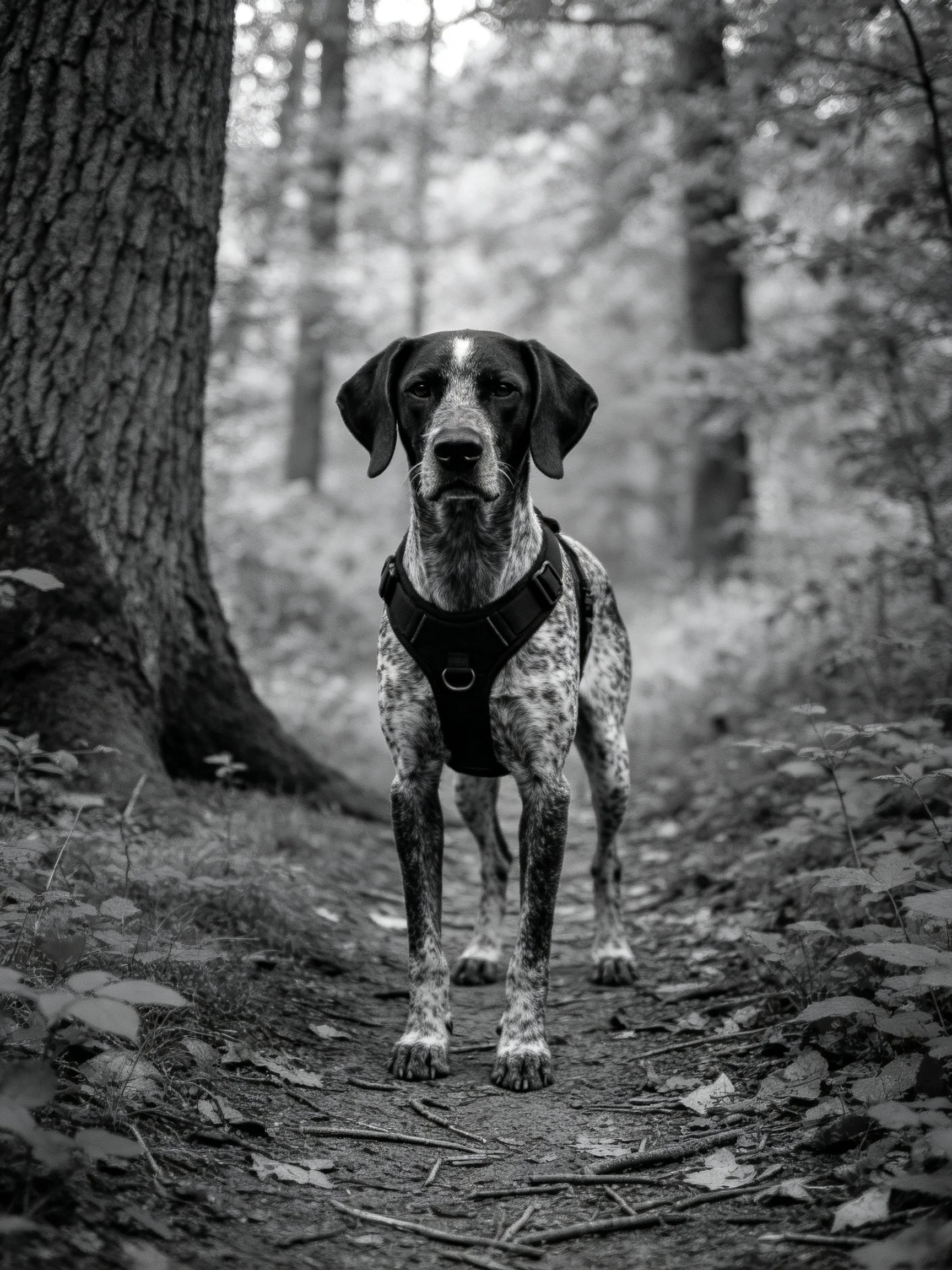 A speckled-coated dog in a harness stands on a leafy forest path