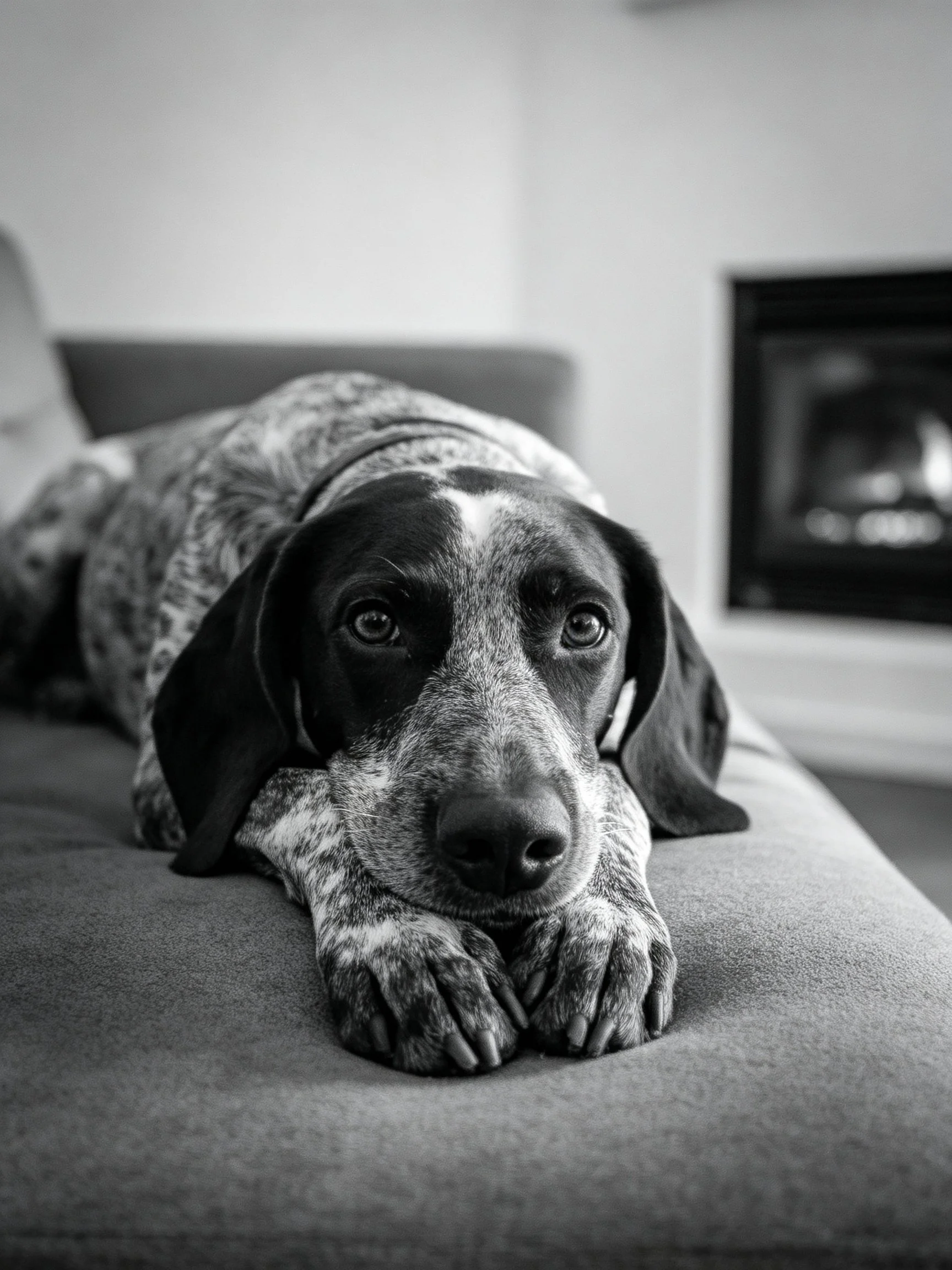 A speckled-coated dog lies on a gray couch near a fireplace