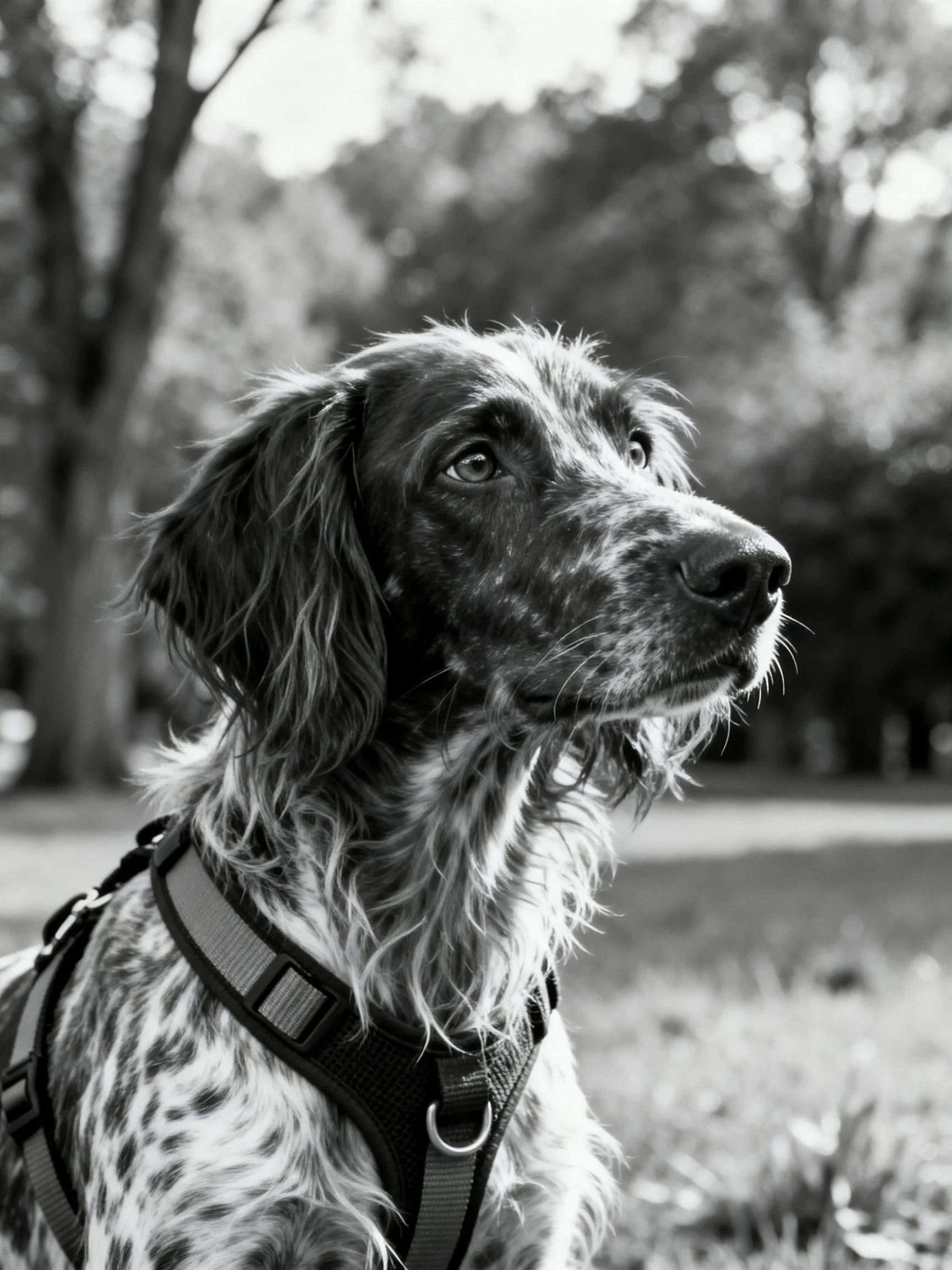 A speckled-coated dog in a harness looks attentively toward the distance in a natural outdoor setting.