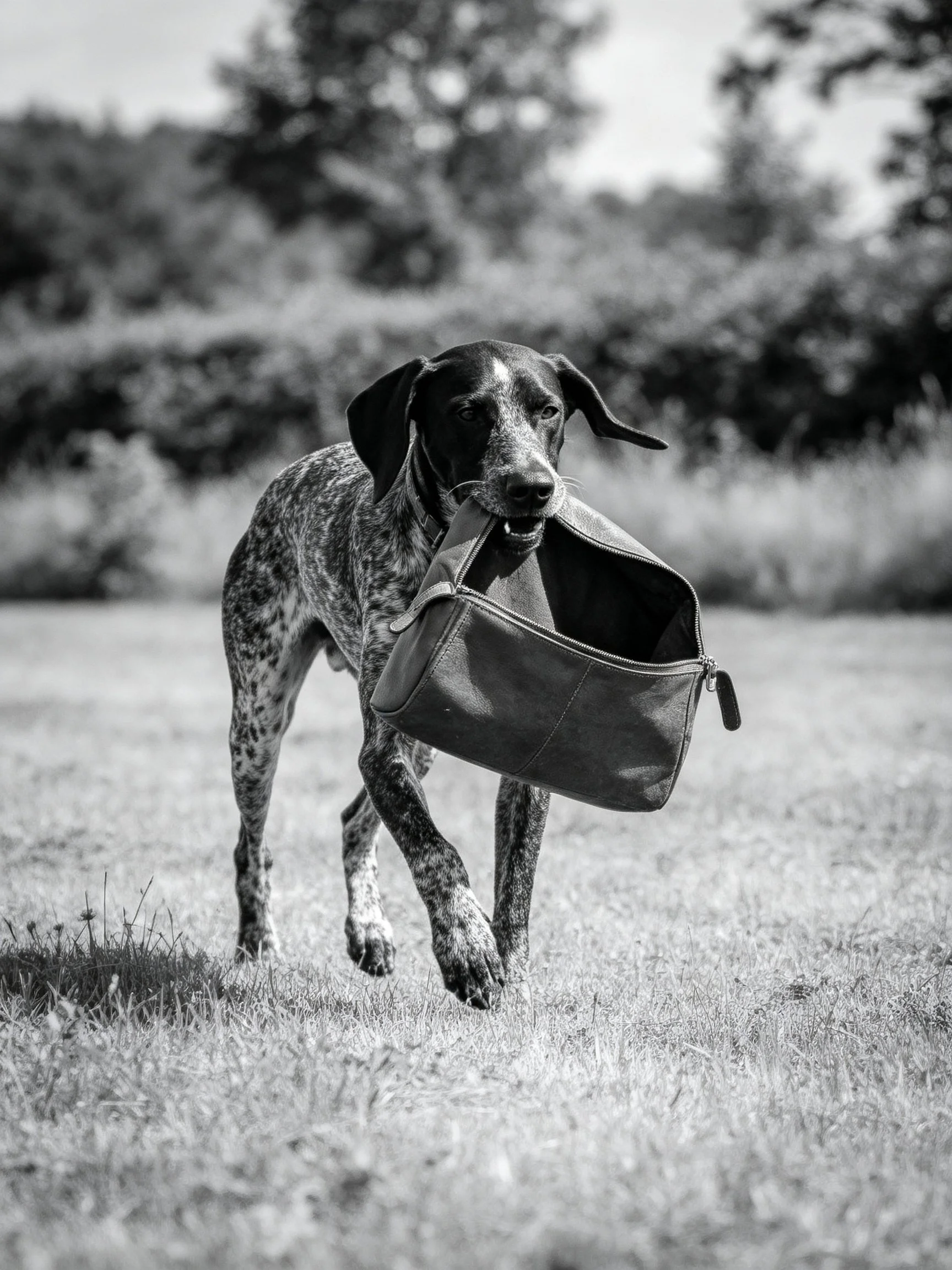 A speckled dog carries a leather bag in an open field