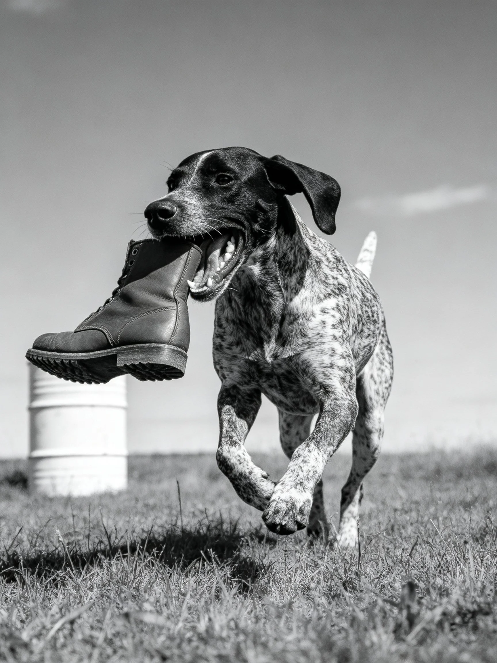 A speckled dog carries a leather boot across a grassy field