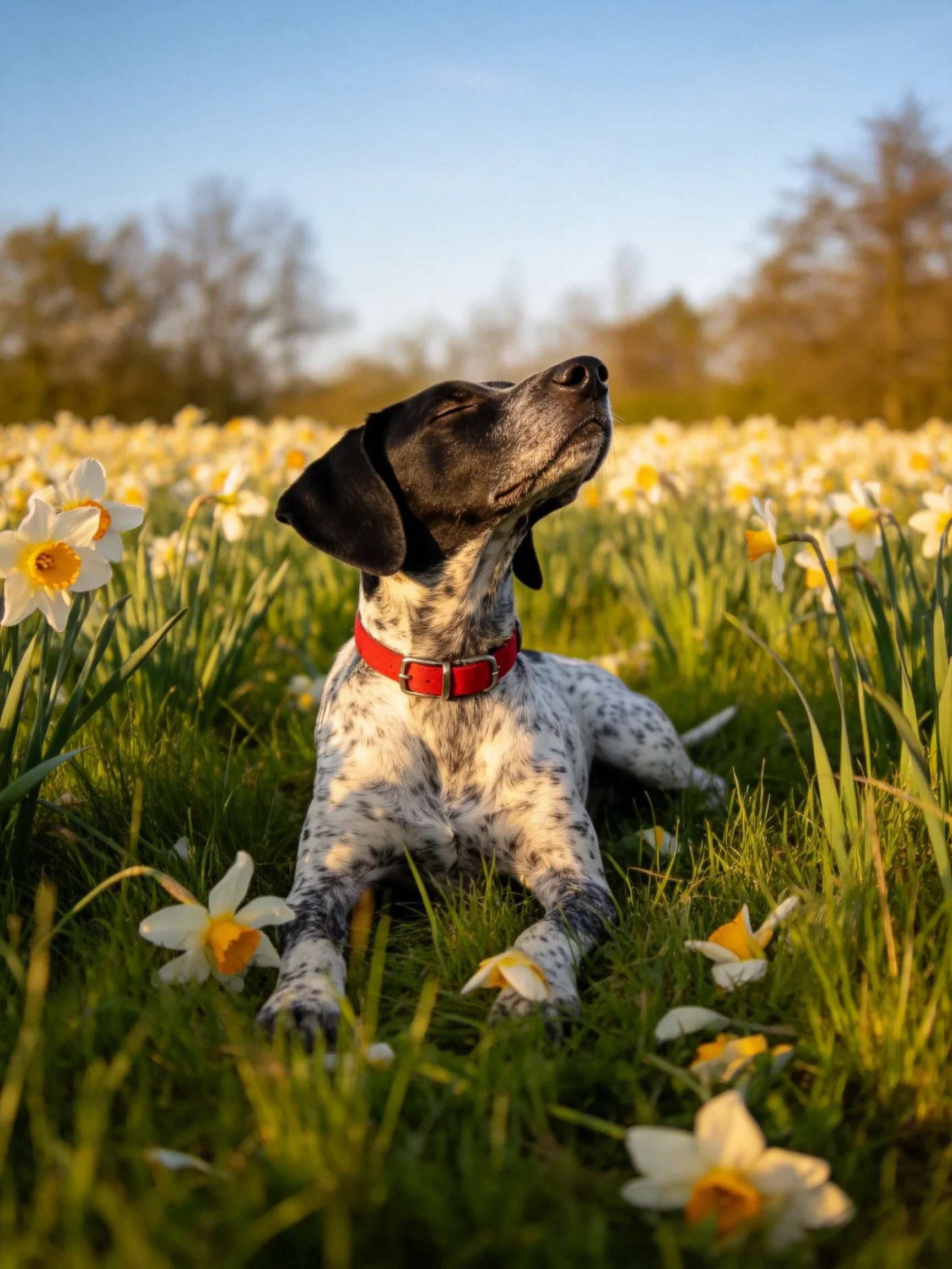 A speckled dog enjoys tranquility among blooming daffodils in a sunlit meadow.