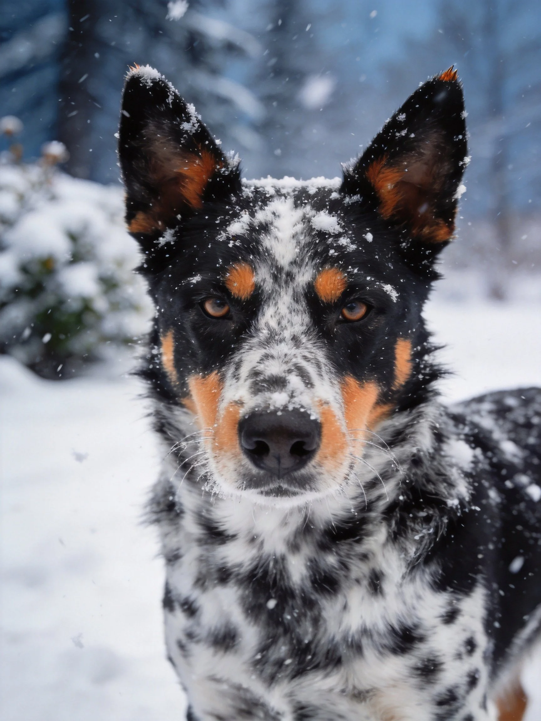 A dog with black, tan, and white fur stands in a snowy setting with falling snowflakes.