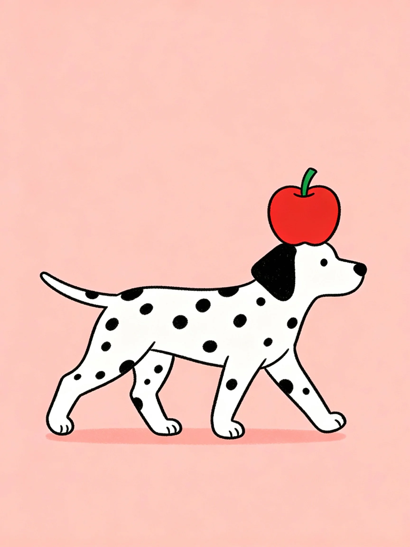 A spotted Dalmatian balances a red apple atop its head on a pink background