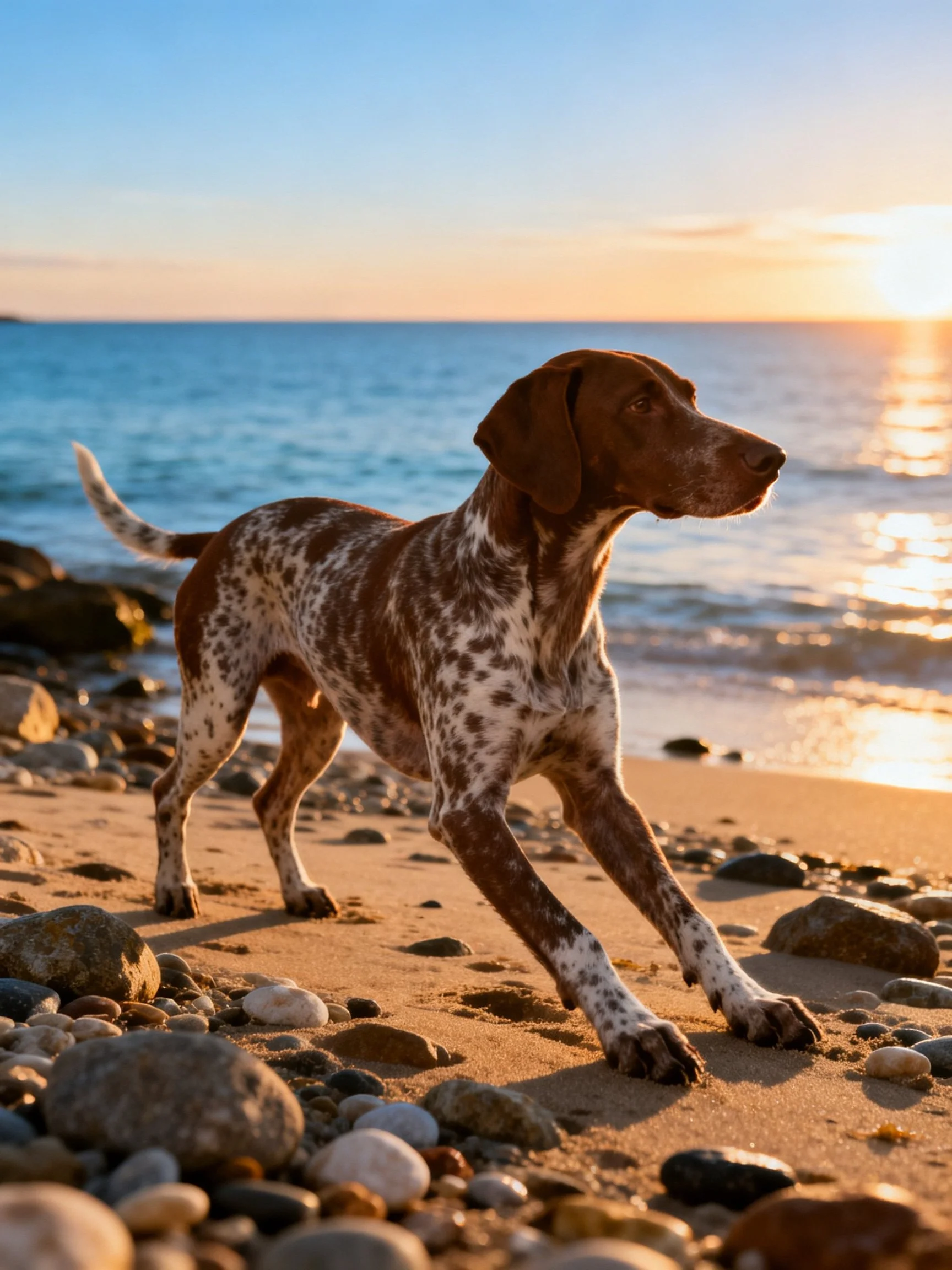 A spotted brown dog stretches on a rocky sandy shore at sunset