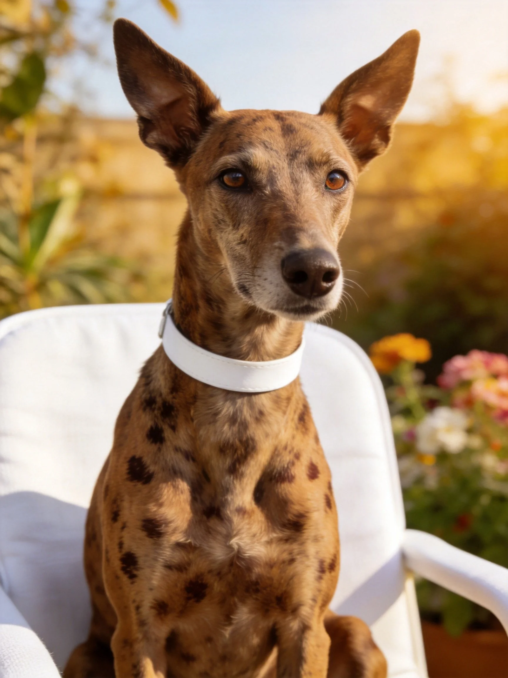A spotted brown dog with a white collar sits calmly on a white chair in an outdoor setting.