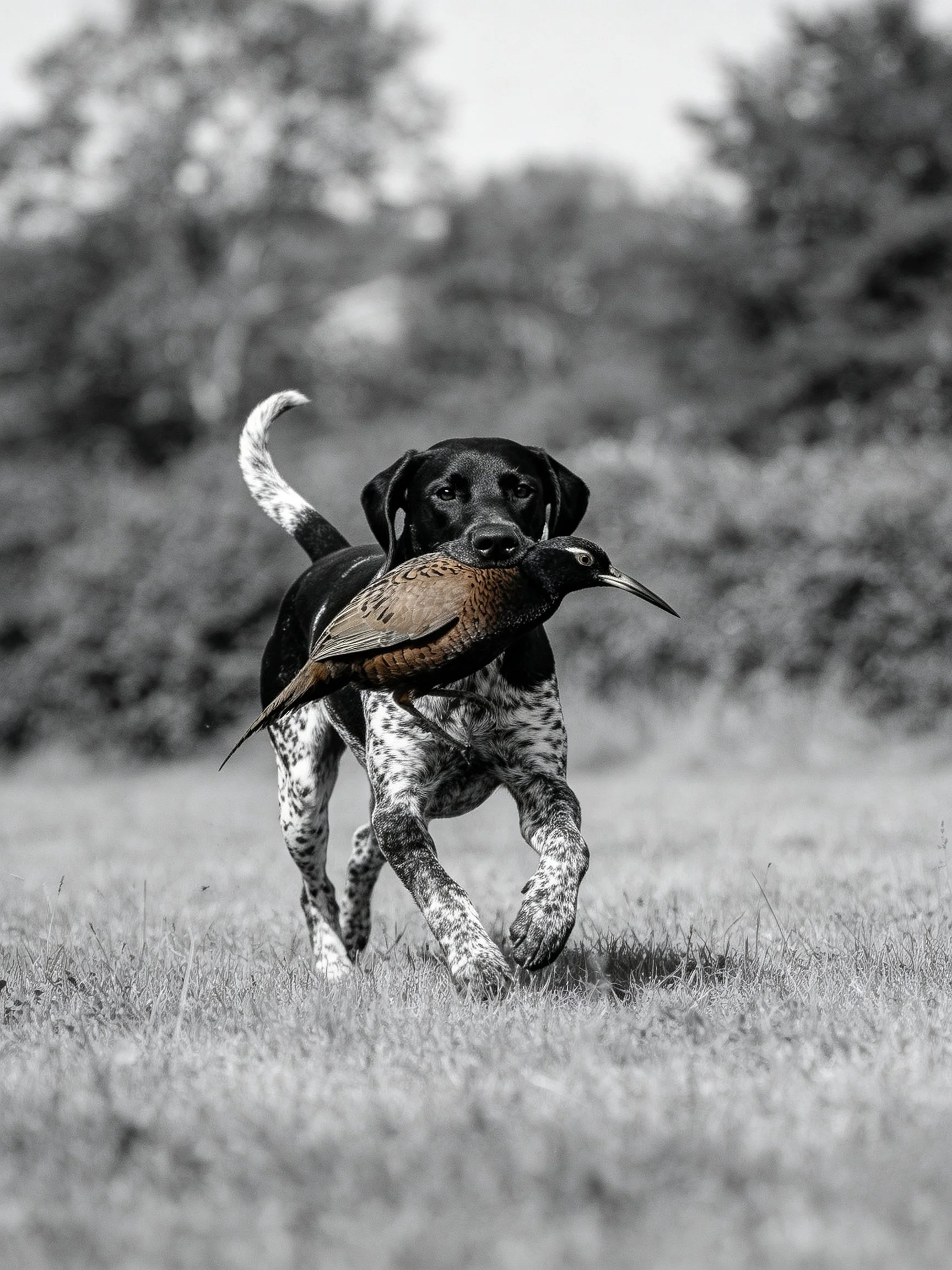 A spotted dog carries a brown bird while moving through a grassy landscape.