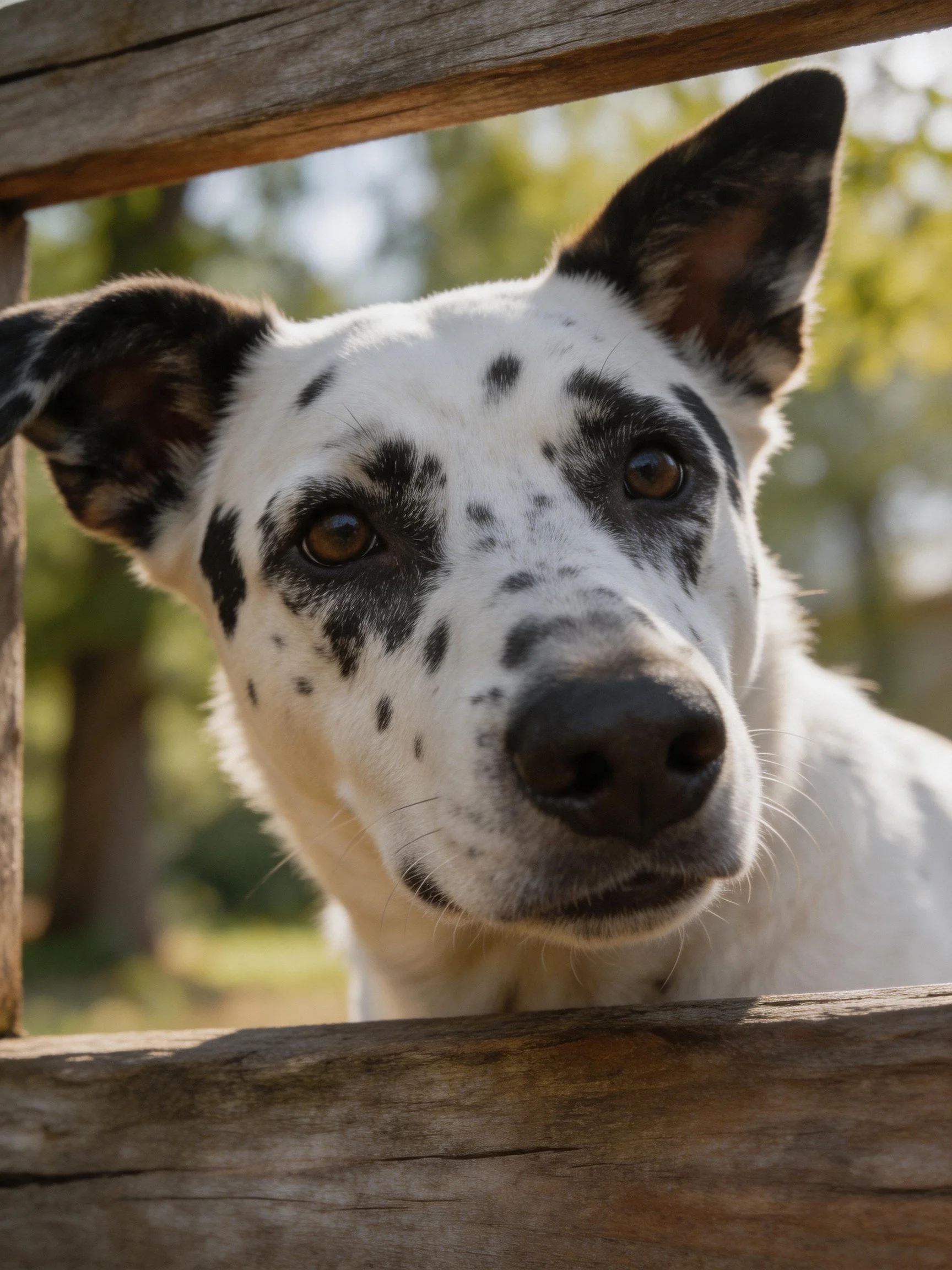 A spotted dog gazes through weathered wooden planks under bright daylight
