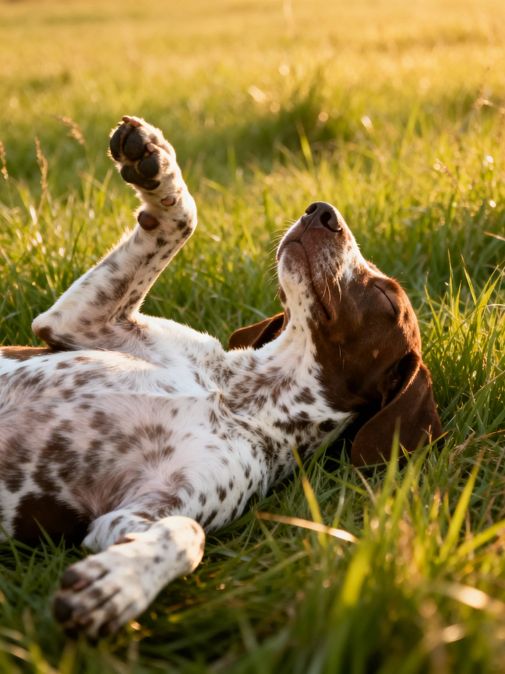 A spotted dog relaxes on sunlit green grass