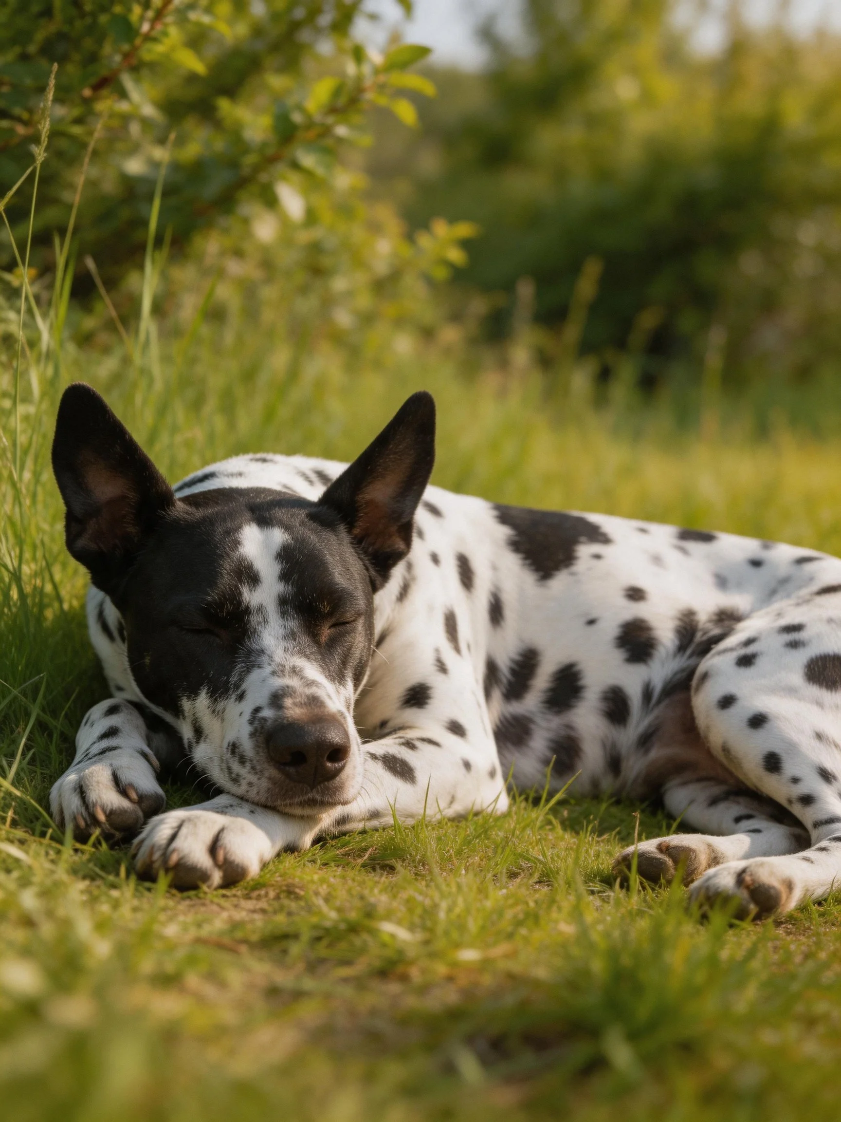 A spotted dog relaxes on grass in a sunlit outdoor environment.