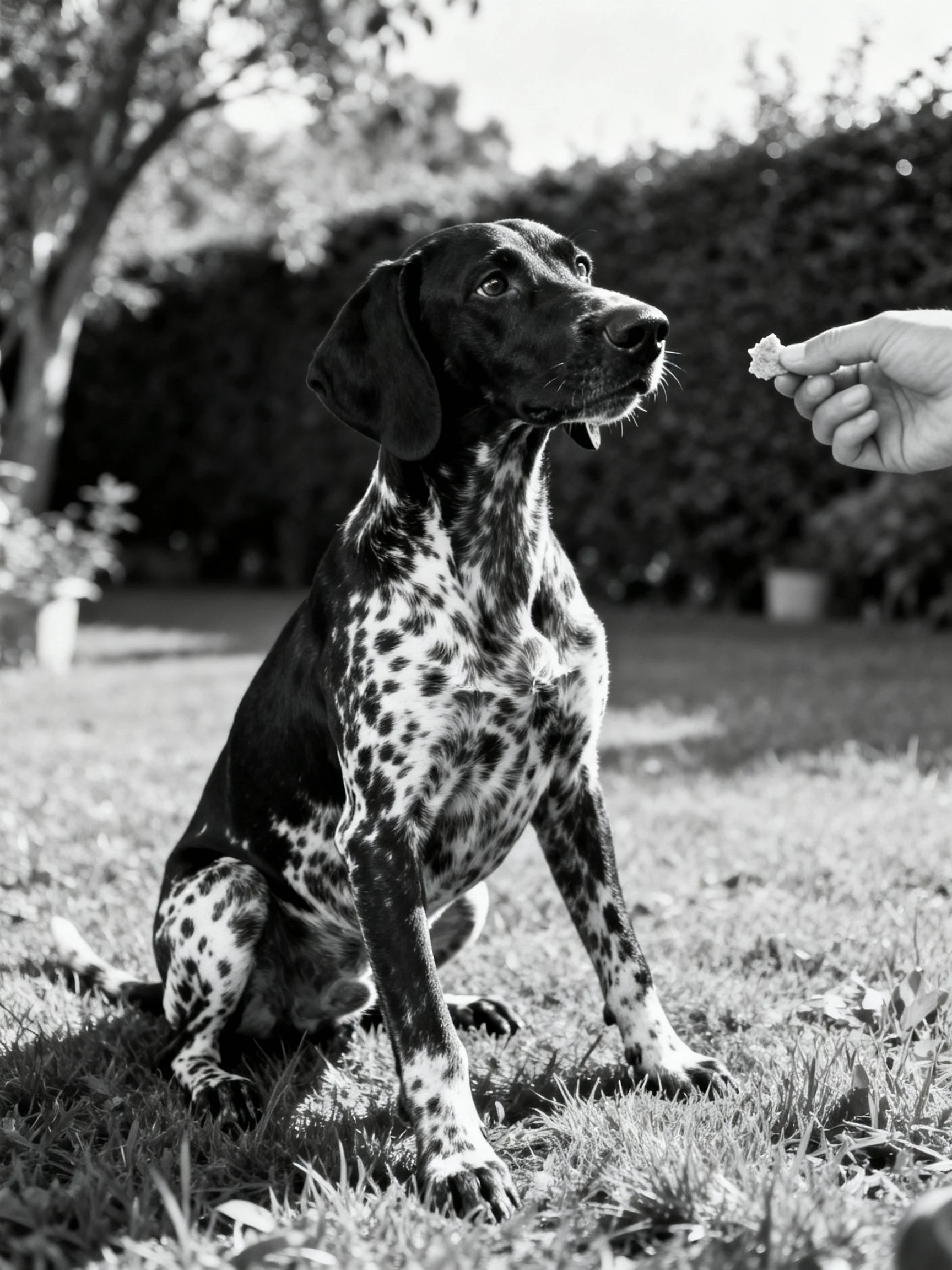 A spotted dog sits attentively as a hand offers food