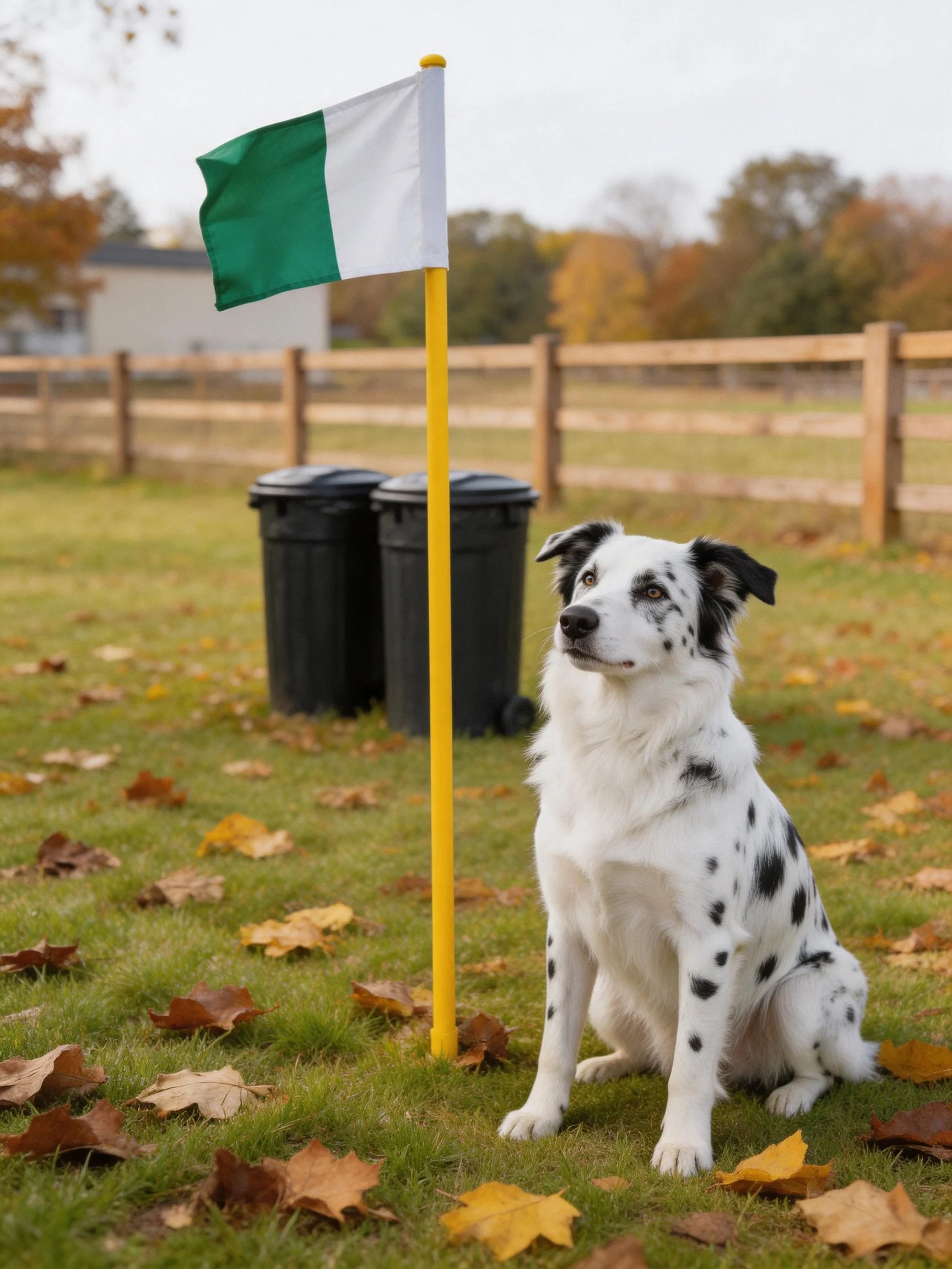 A spotted dog sits beside a green - white flagpole in a leaf - strewn yard.