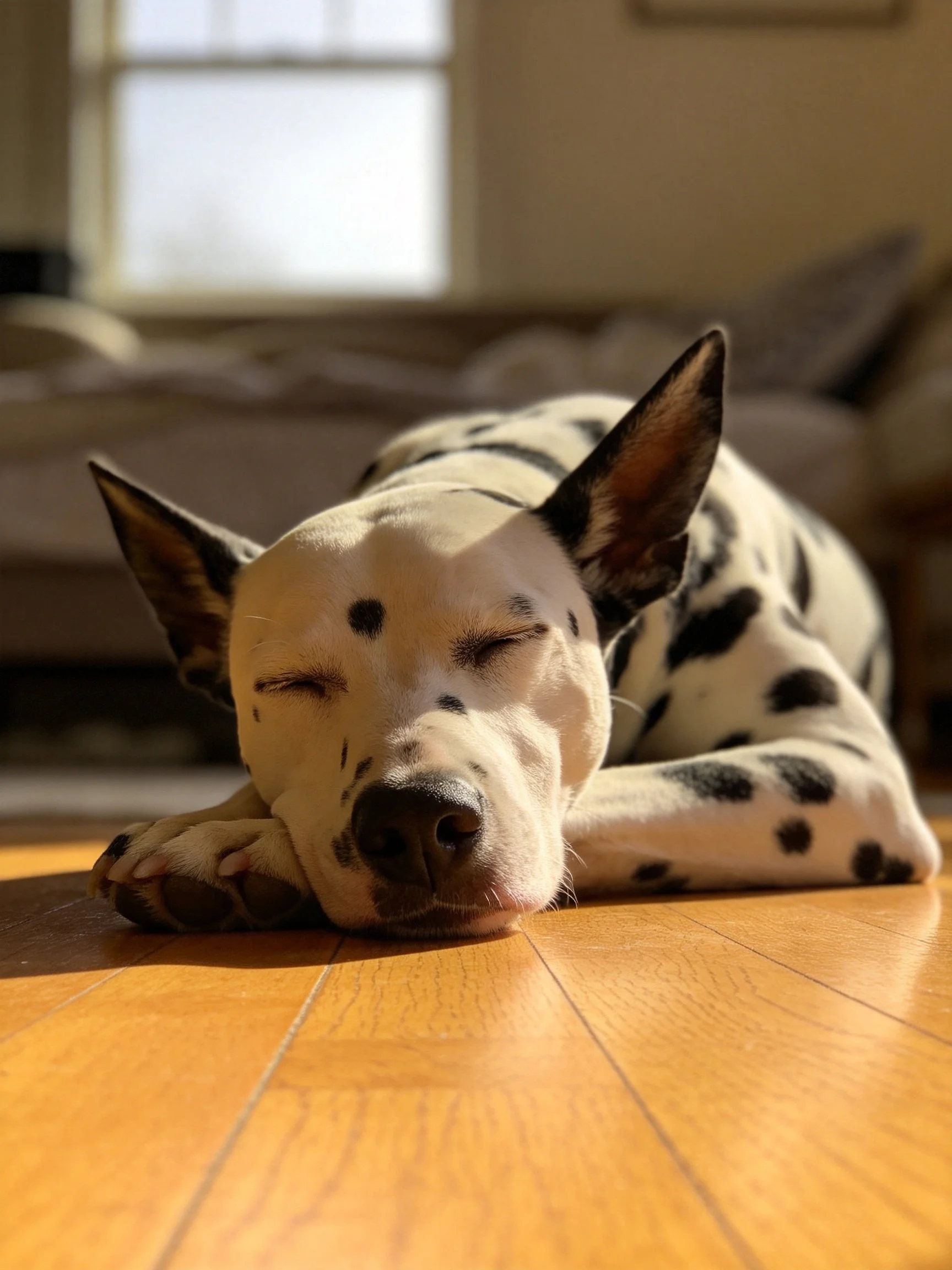 A spotted dog sleeps peacefully on a sunlit wooden floor indoors.