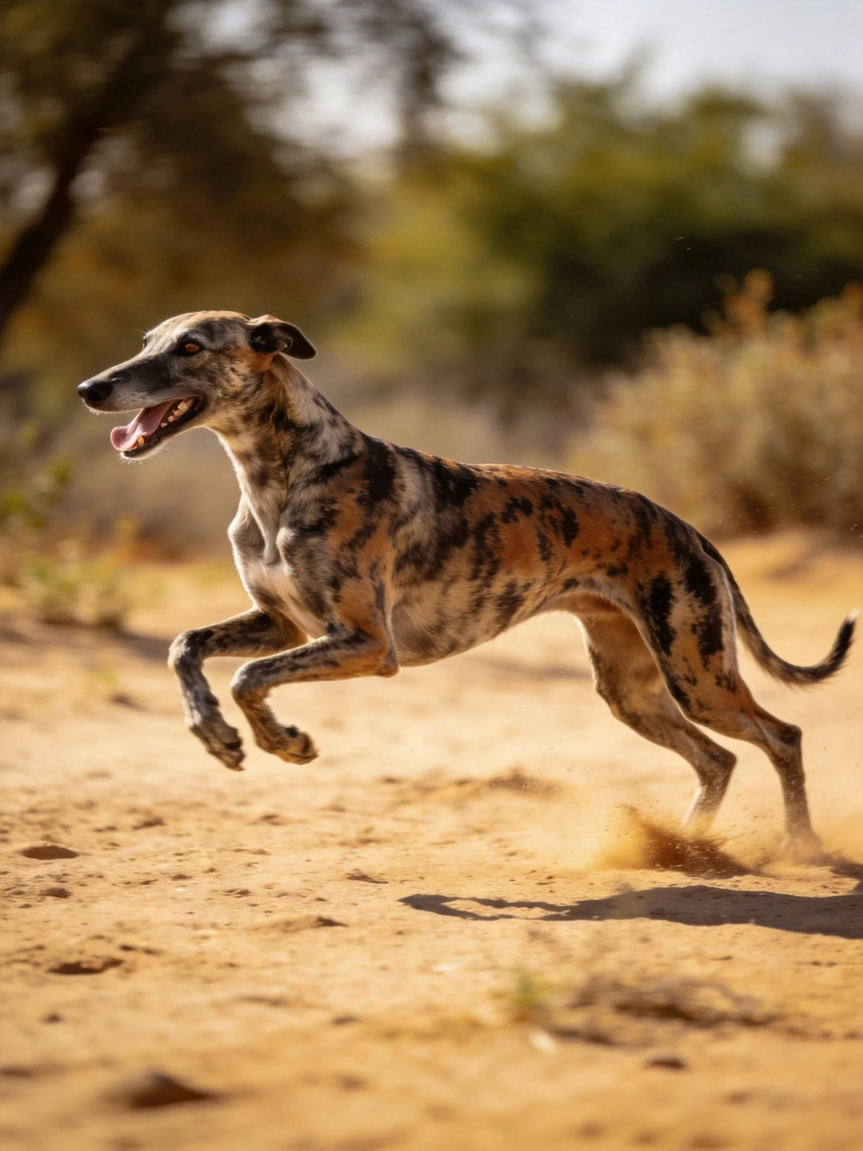 A spotted dog sprints across golden sand in an arid landscape