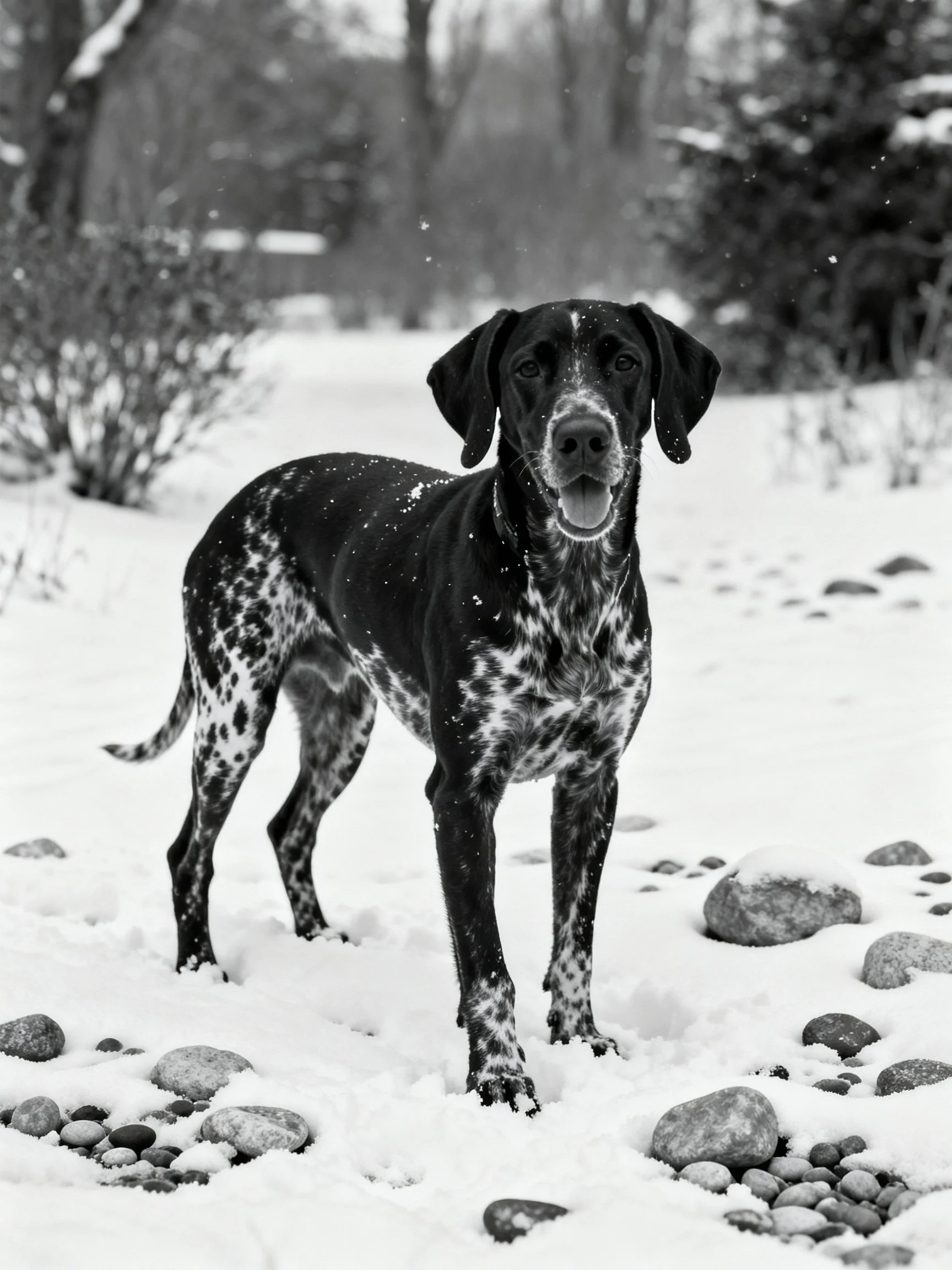 A spotted dog stands in a snowy landscape with scattered rocks
