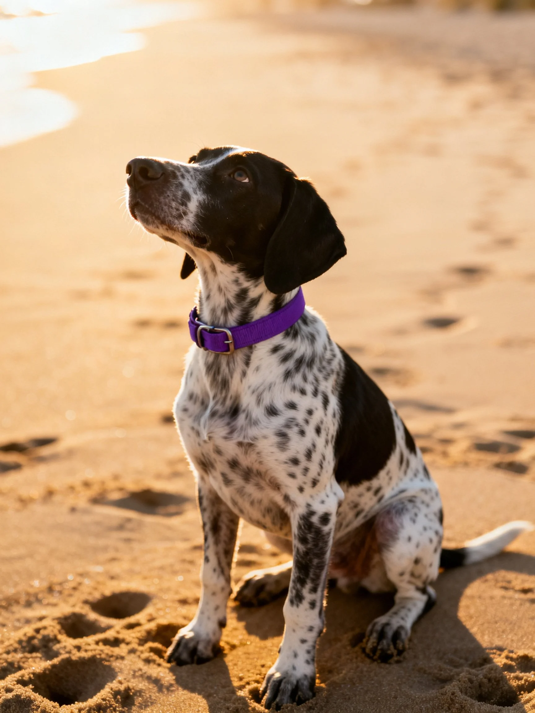 A spotted dog wearing a purple collar sits on sandy beach
