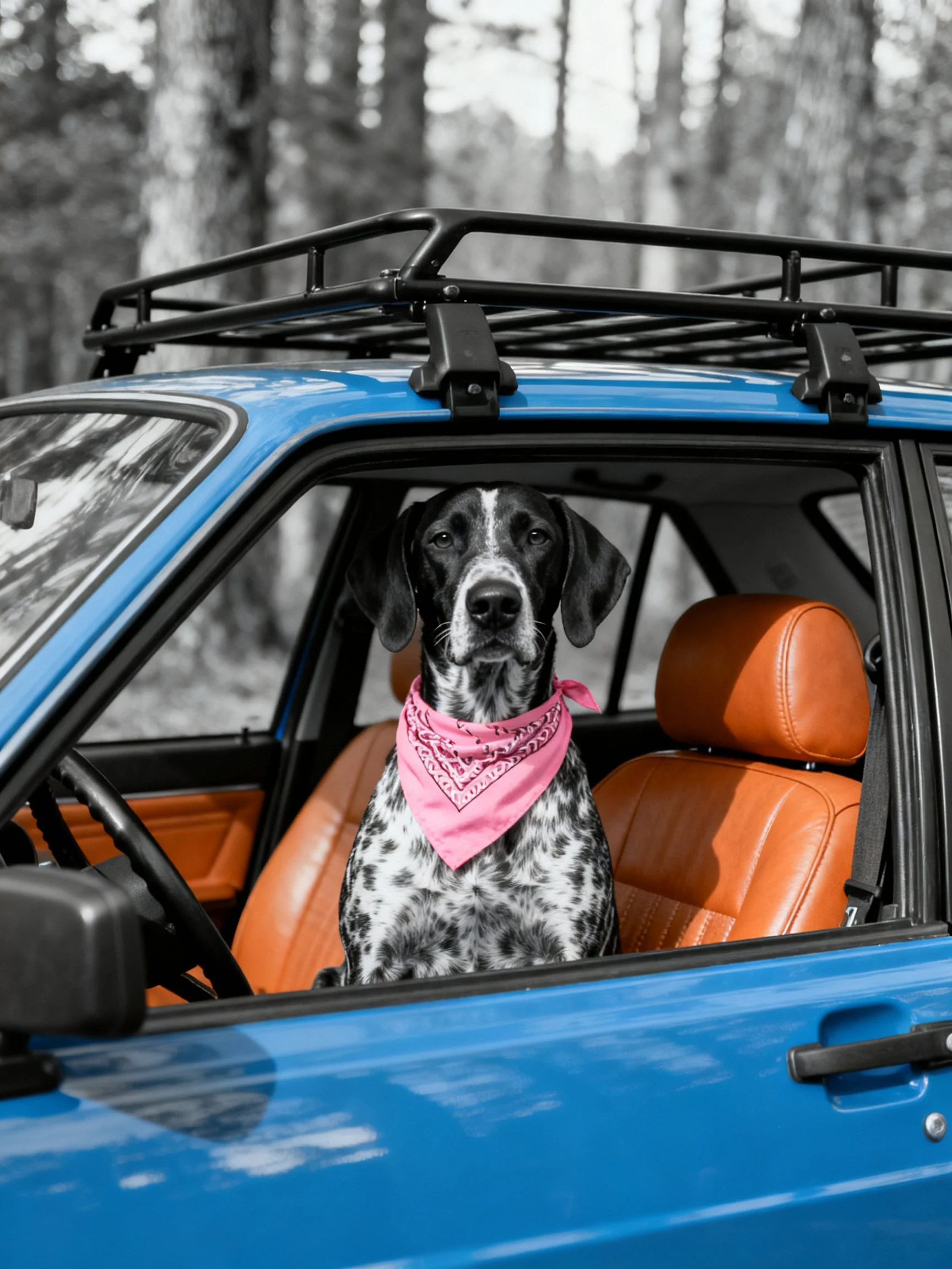 A spotted dog with a pink bandana rides in a blue car