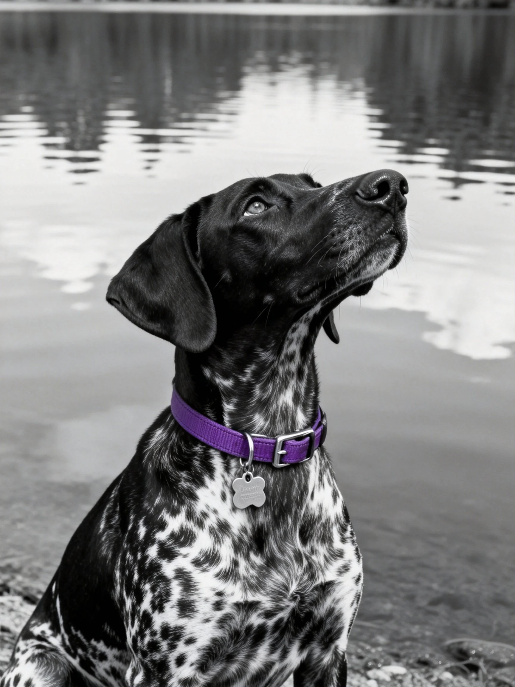 A spotted dog with a purple collar gazes toward water.