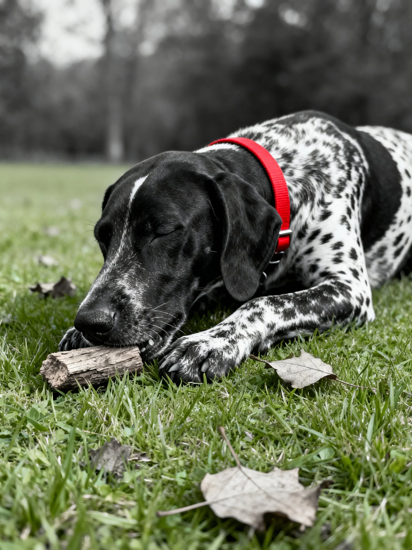 A spotted dog with red collar chewing wood on grass