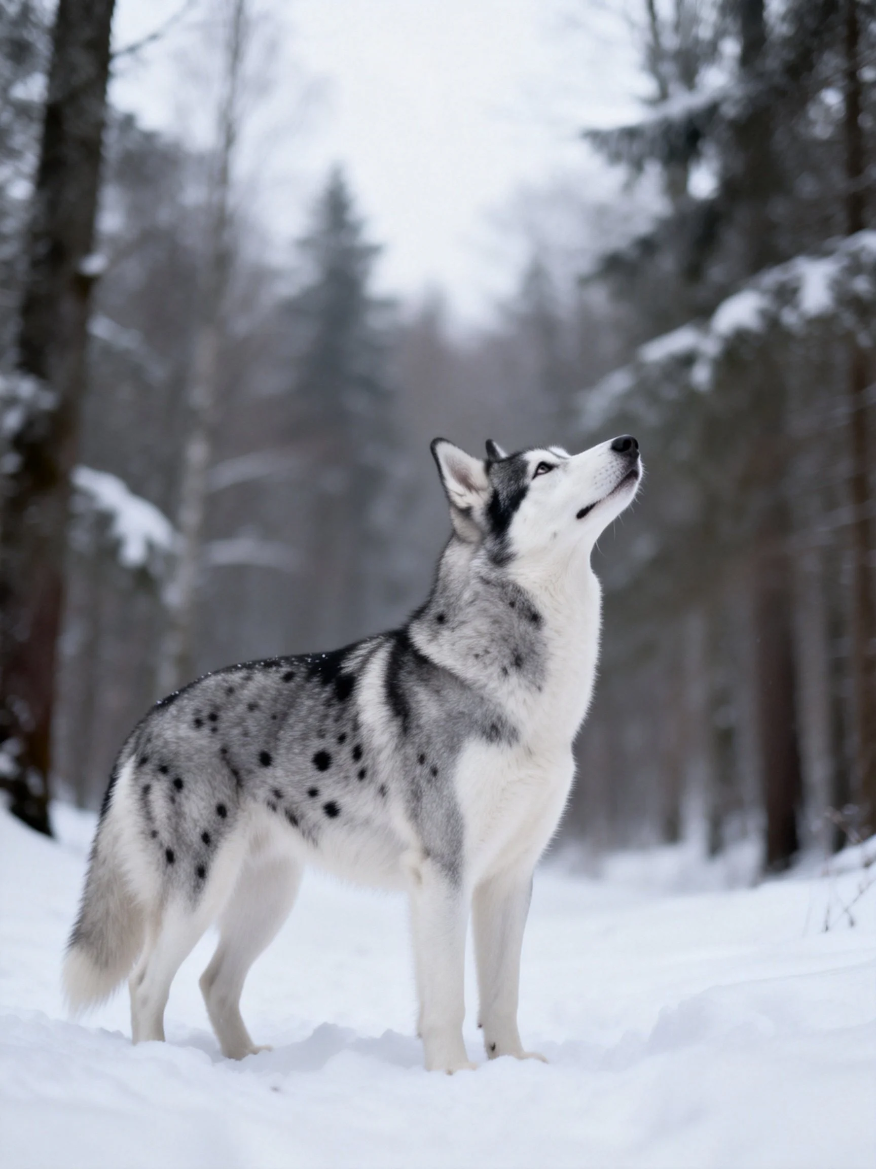 A spotted dog stands alert in a snowy forest.