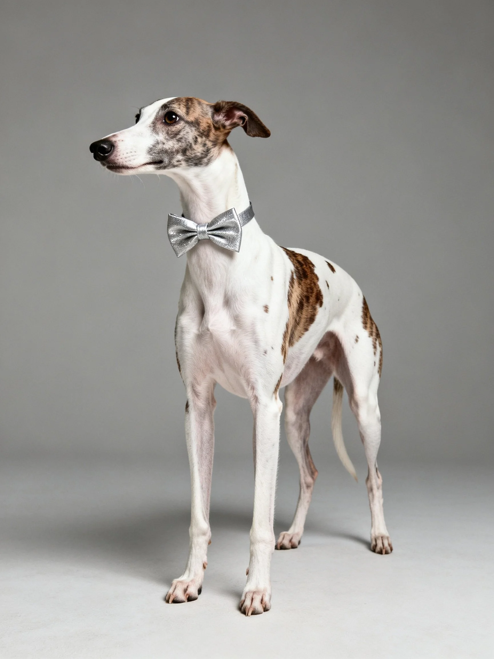 A spotted greyhound with brown patches wears a silver bow tie