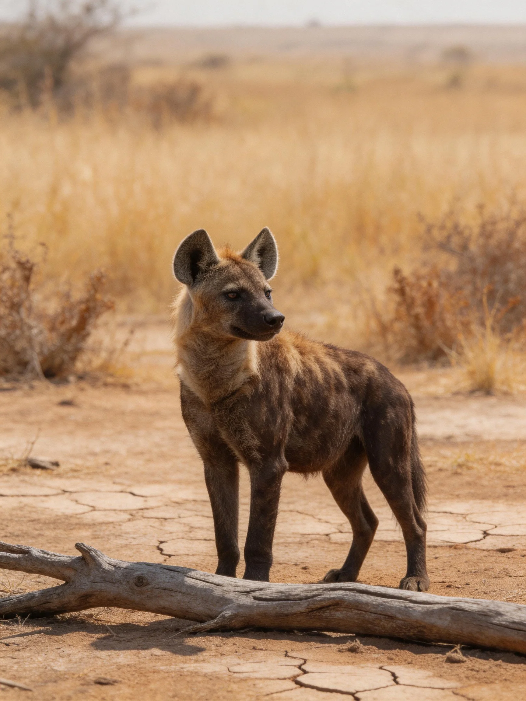 A spotted hyena stands alert in a dry savannah landscape.