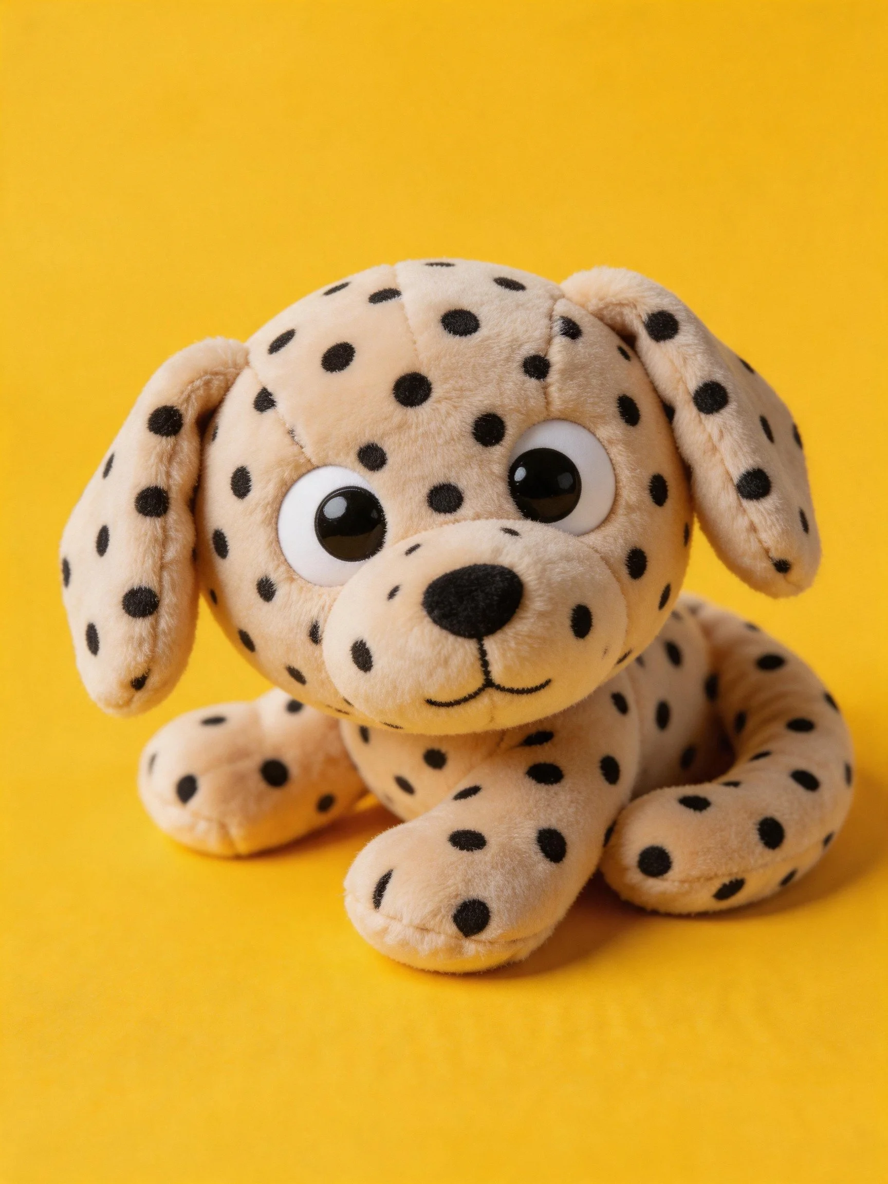 A spotted plush Dalmatian toy sits on a yellow background.