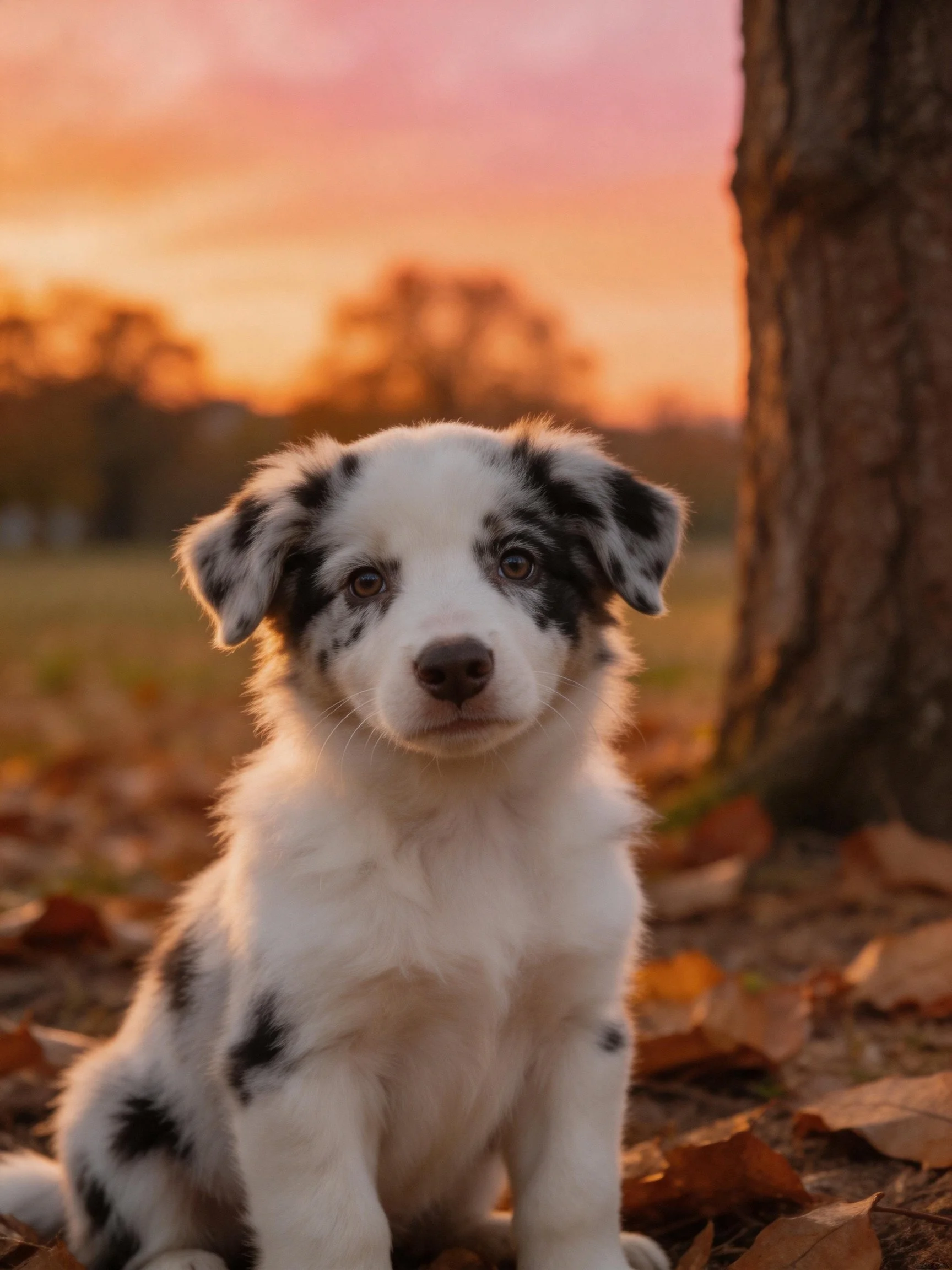 A spotted puppy sits calmly among fallen leaves during a golden-hour sunset.