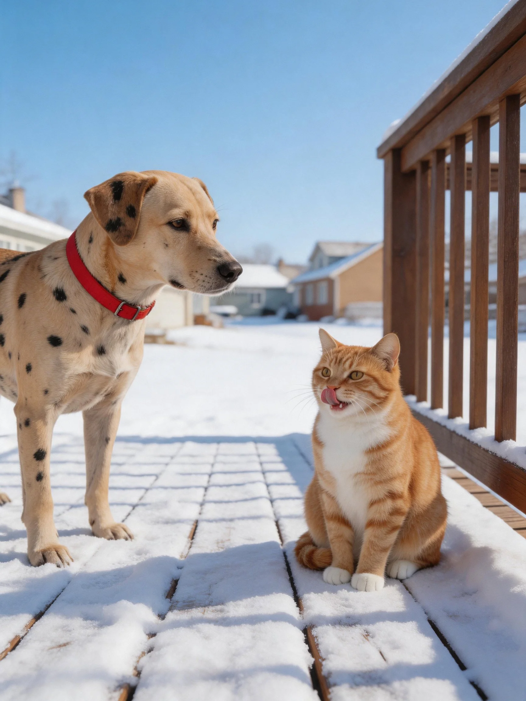 Two pets—a spotted tan dog and an orange cat—are on a snow-covered wooden deck outside.