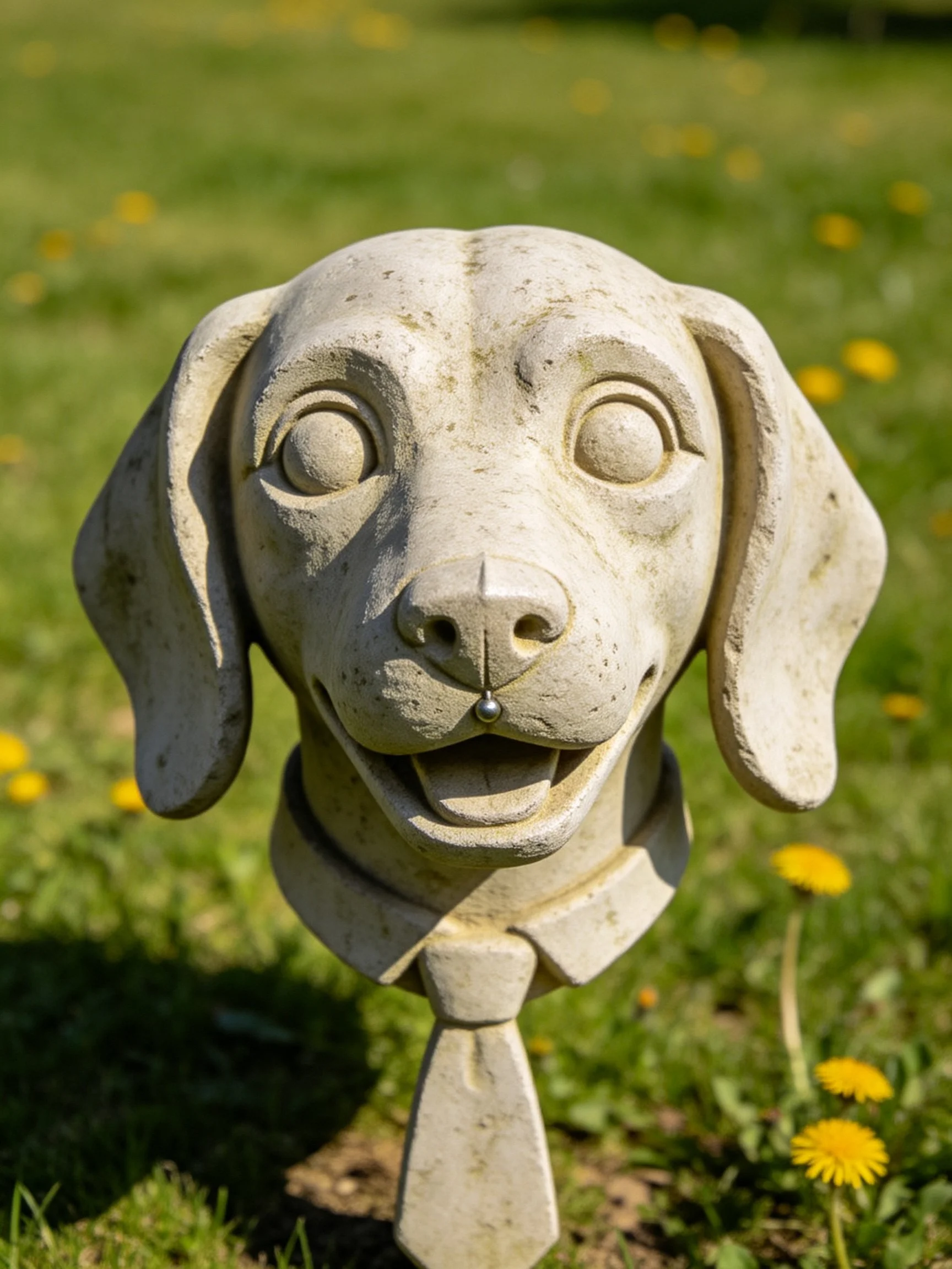 A stone dog head sculpture with collar and tie is positioned among green grass and yellow flowers.