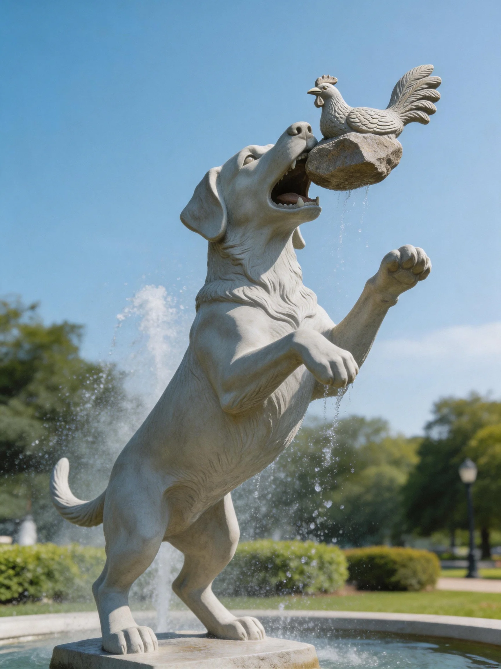 A stone dog statue leaping toward a rooster on a rock by a fountain
