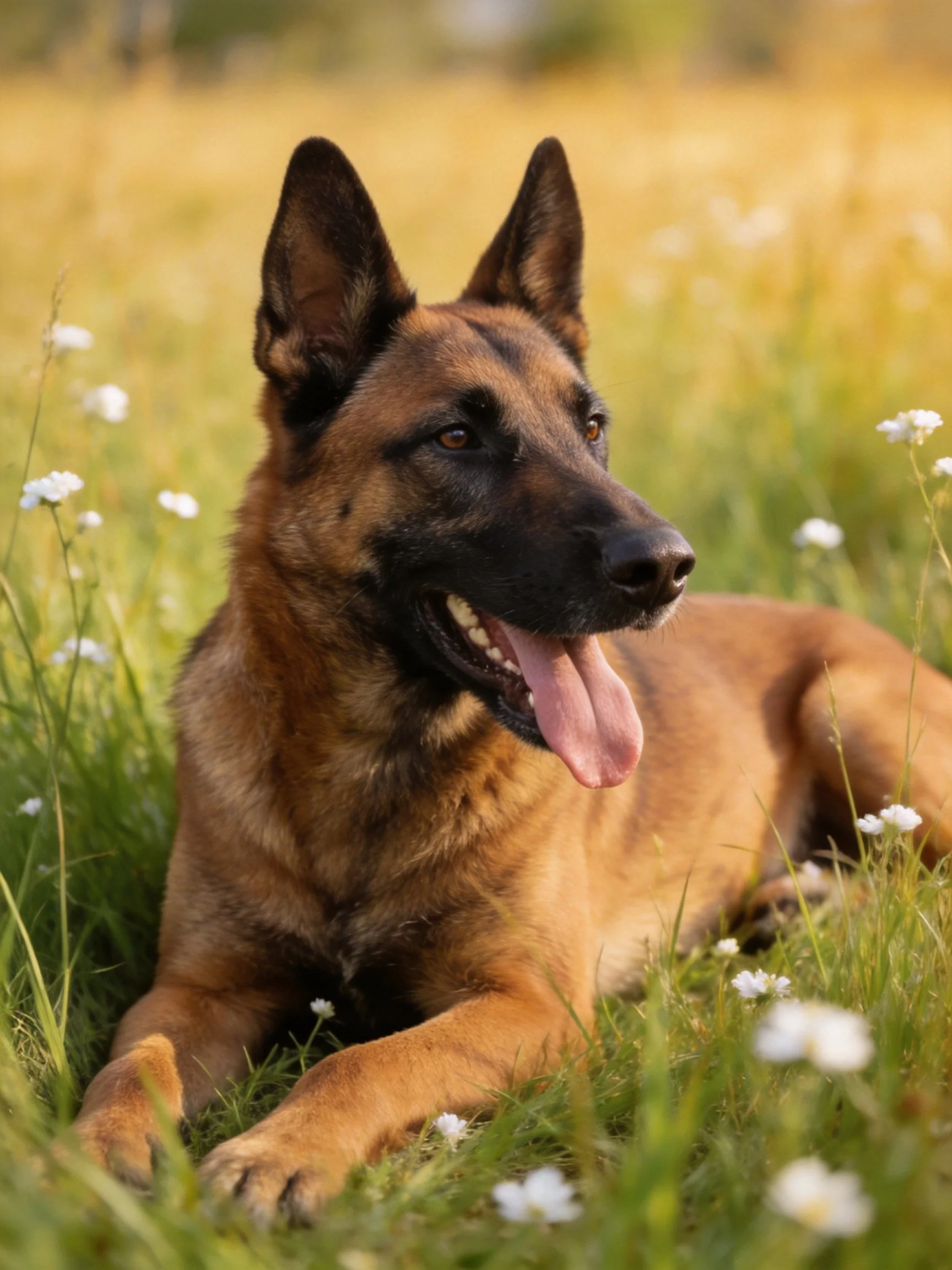 A tan Belgian Malinois rests in a grassy meadow with white flowers